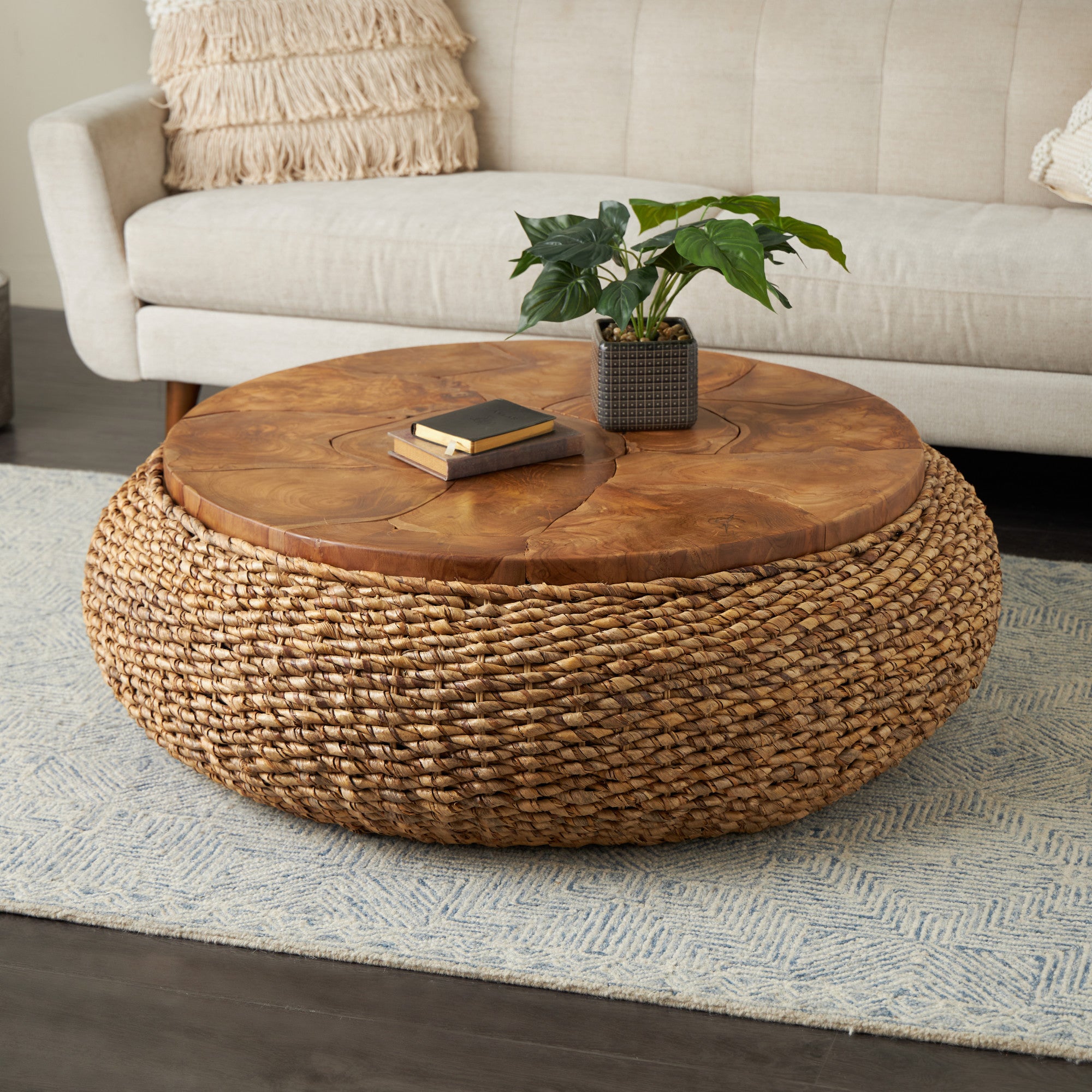 Brown Rattan Wrapped Living Room Coffee Table with Teak Tabletop