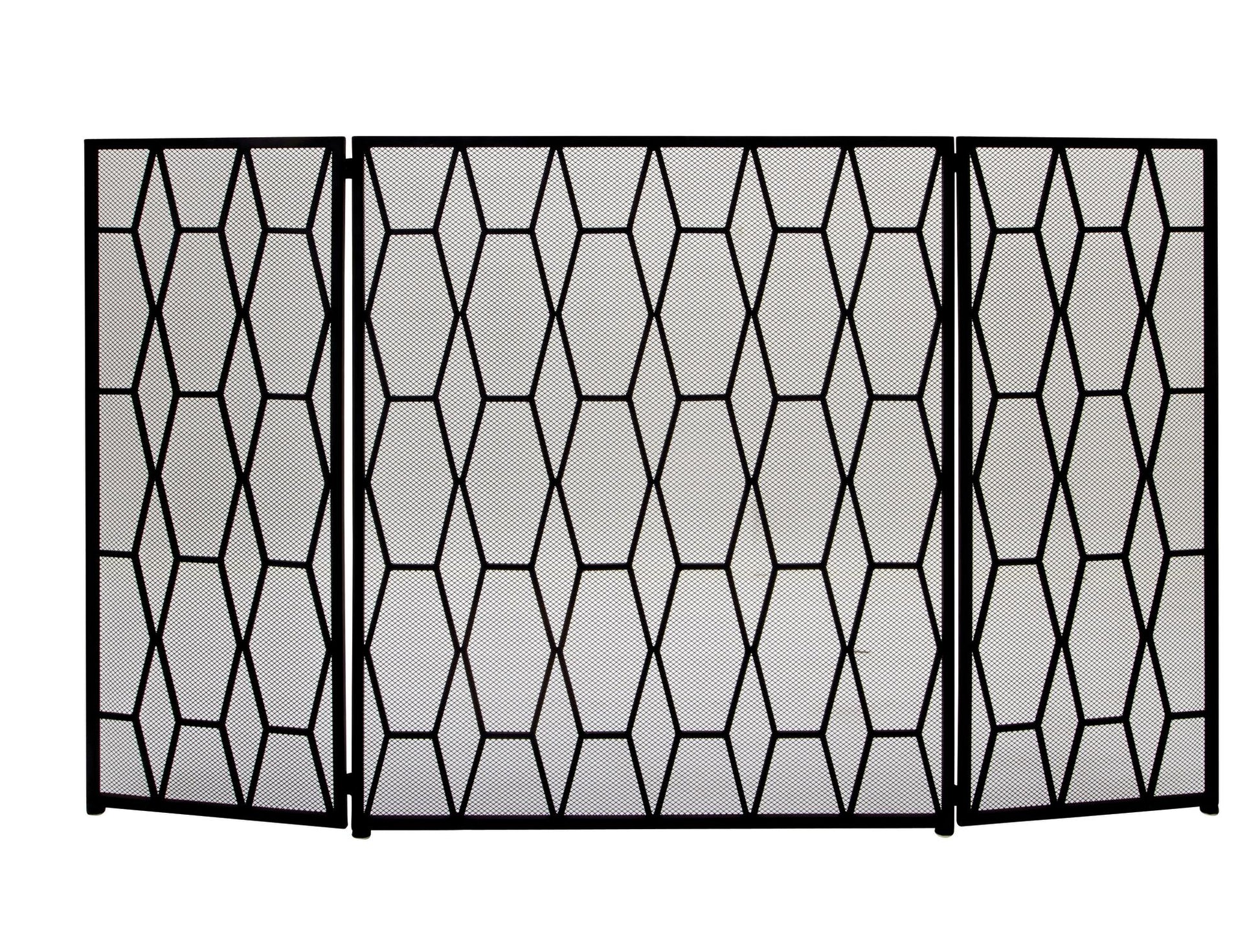 Geometric Black Metal Foldable 3 Panel Living Room Fireplace Screen with Mesh Netting