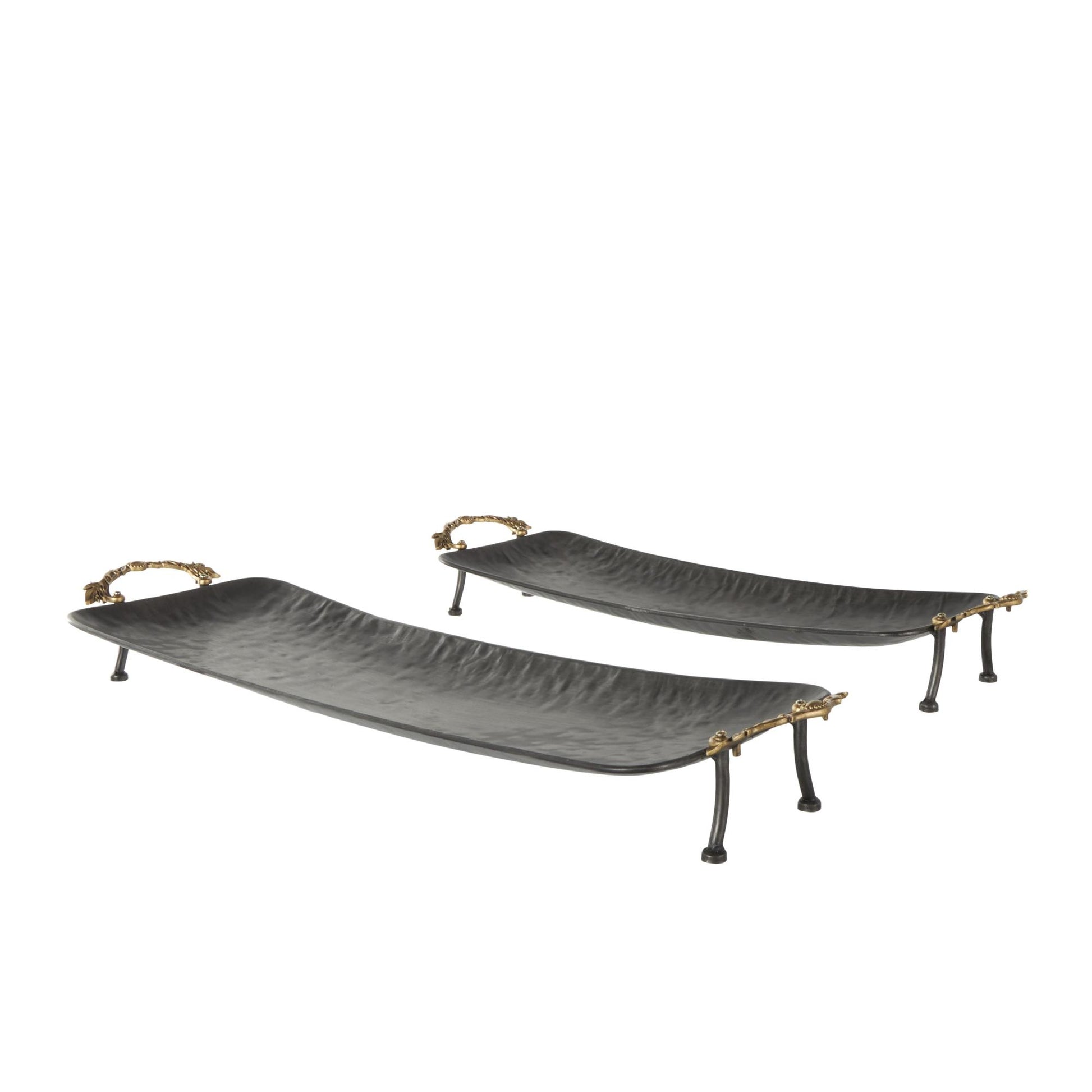 Set of 2 Leaf Black Metal Textured Curved Living Room Decor Tray with Elevated Feet and Gold Scroll Vine Handles