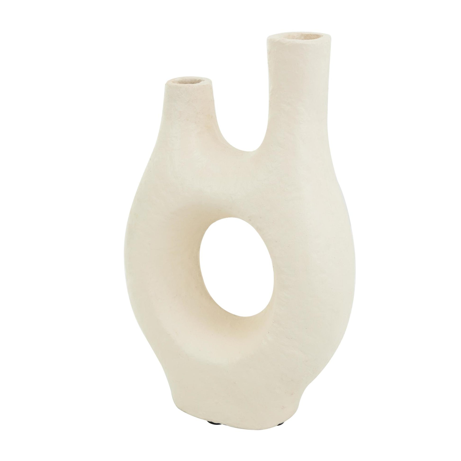 Abstract Beige Paper Mache Rounded Decorative Vase with Double Openings