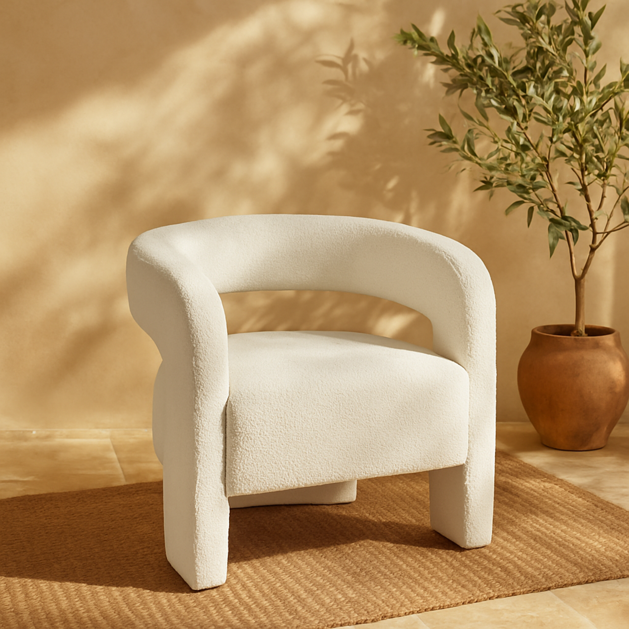 White Polyester Curved Back Mid Century Modern Round Boucle Living Room Accent Chair