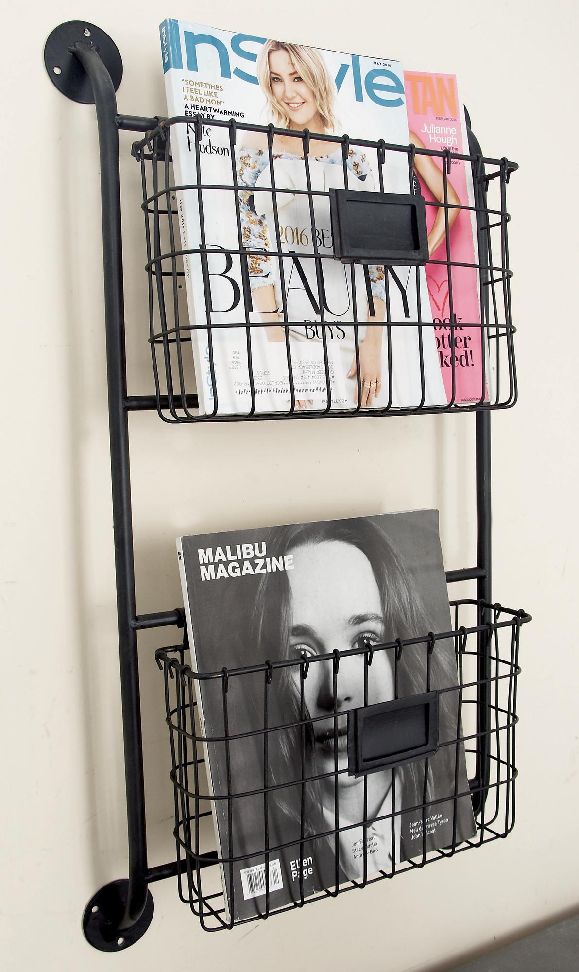 Black Metal Suspended Wire Basket 5 Slot Decorative Magazine Rack Holder with Label Slot