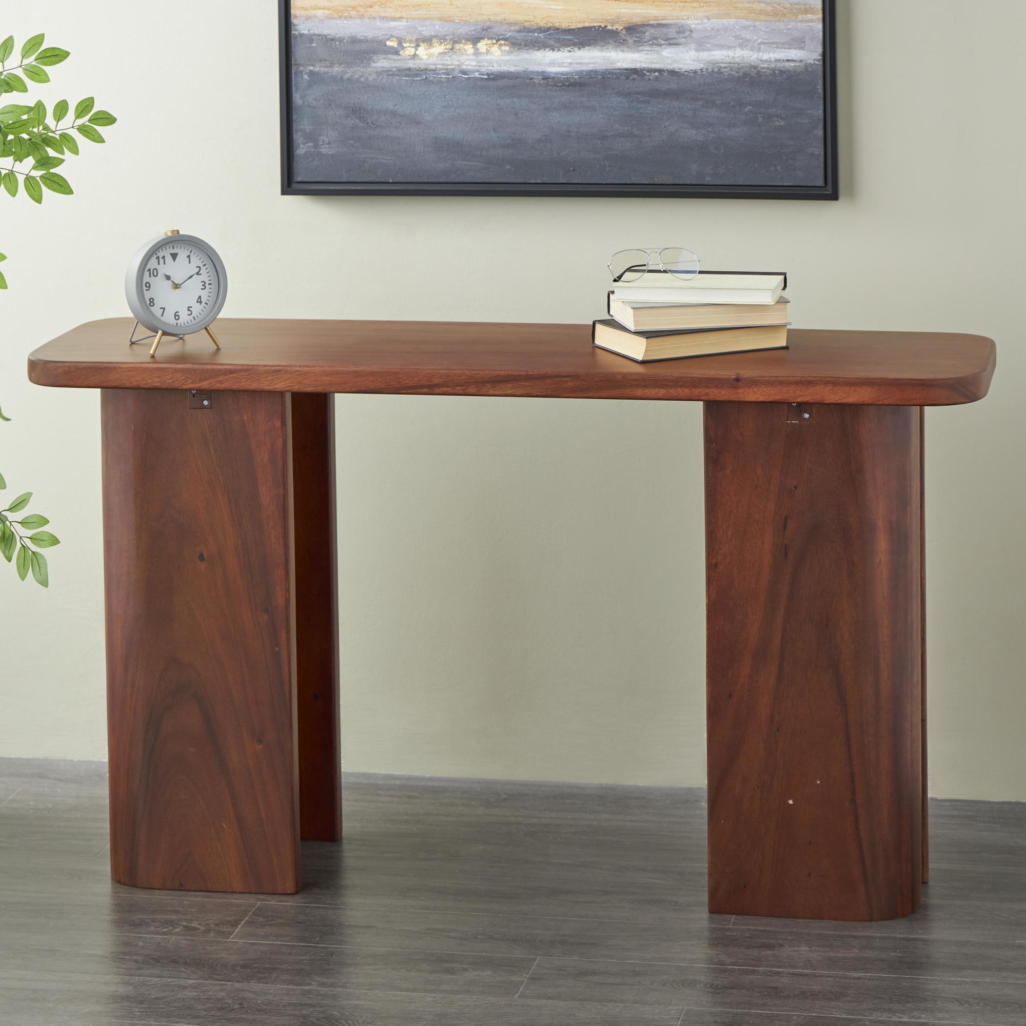 Dark Brown Wood Rectangular Living Room Console Table with Curved Legs Panels