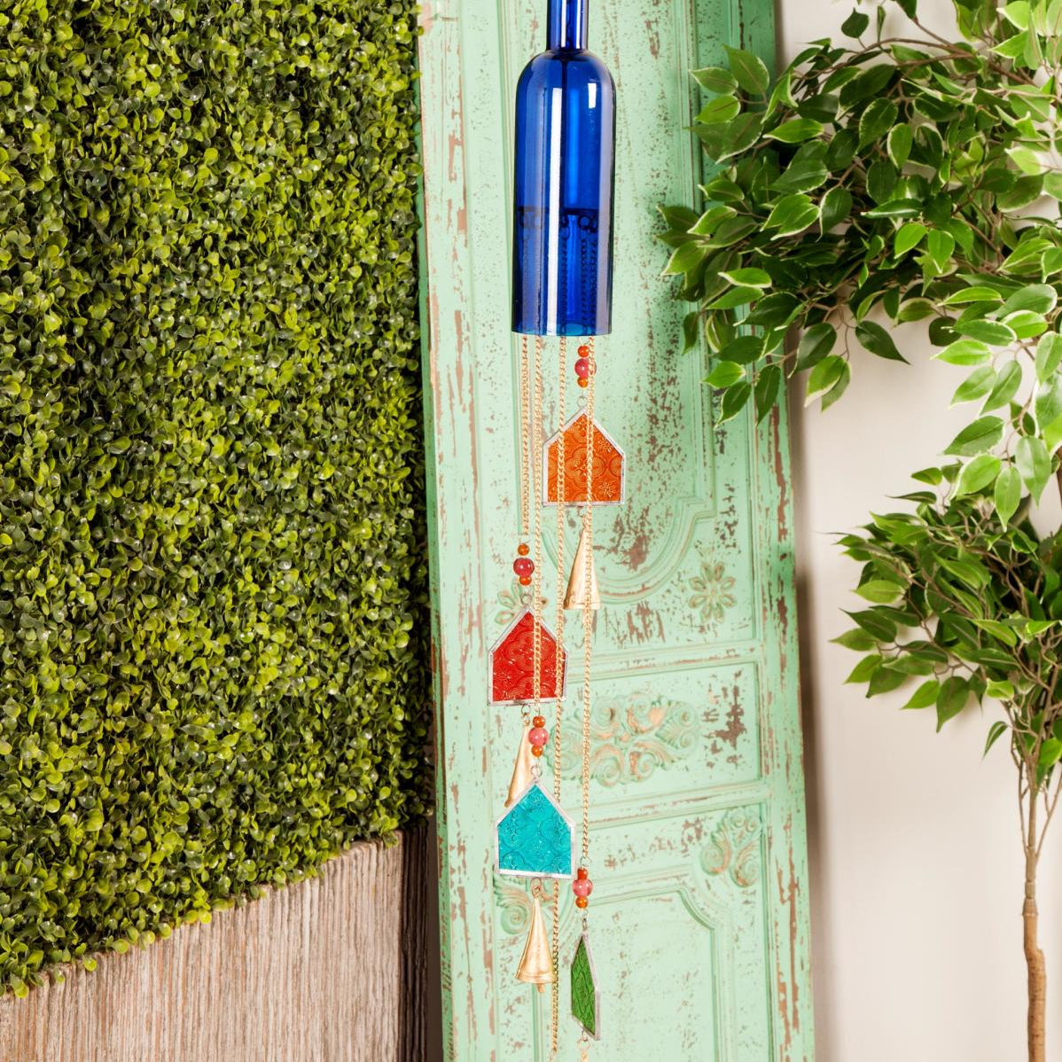 Blue Glass Handmade Bottle Indoor Outdoor Windchime with Beads and Cone Bells