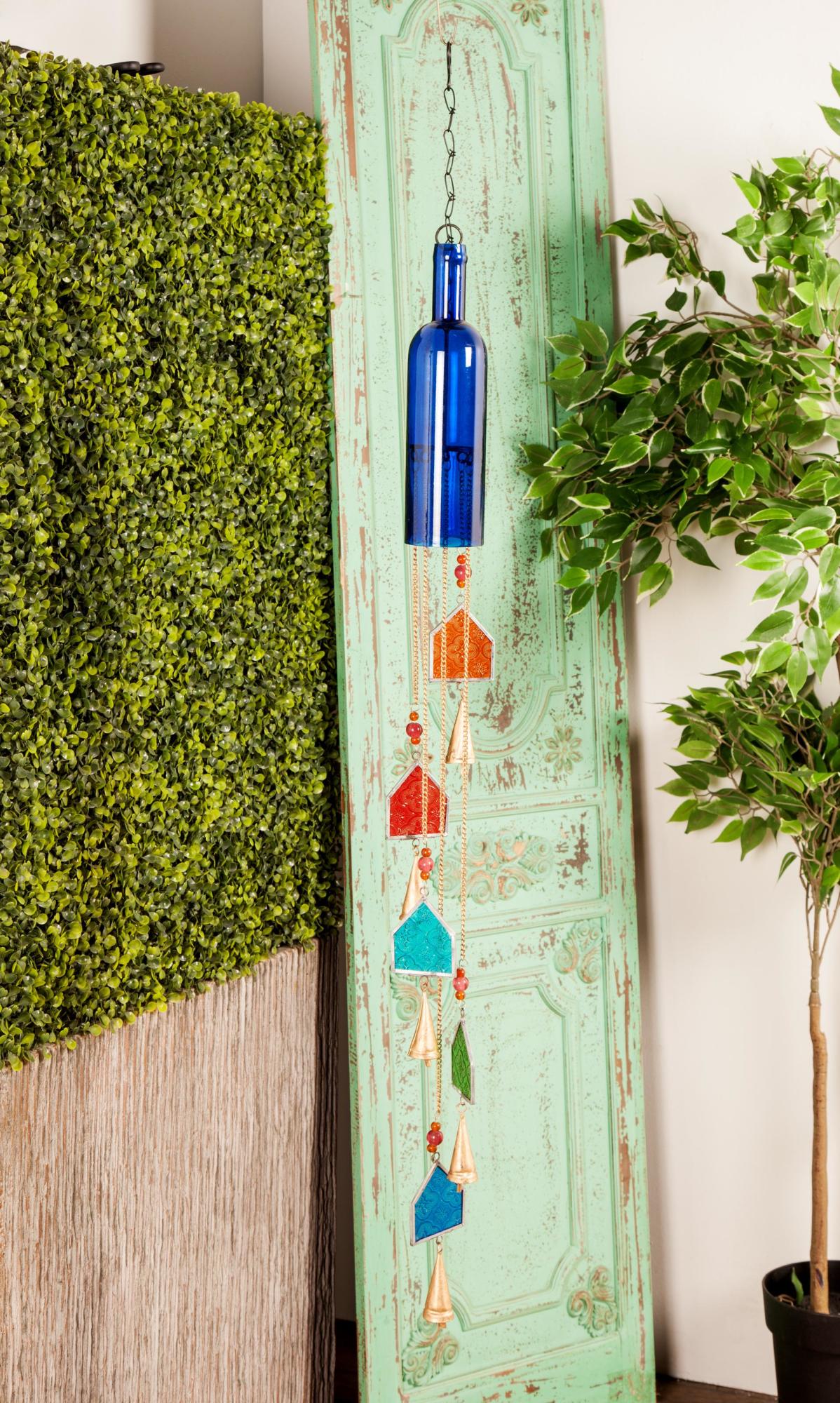 Blue Glass Handmade Bottle Indoor Outdoor Windchime with Beads and Cone Bells