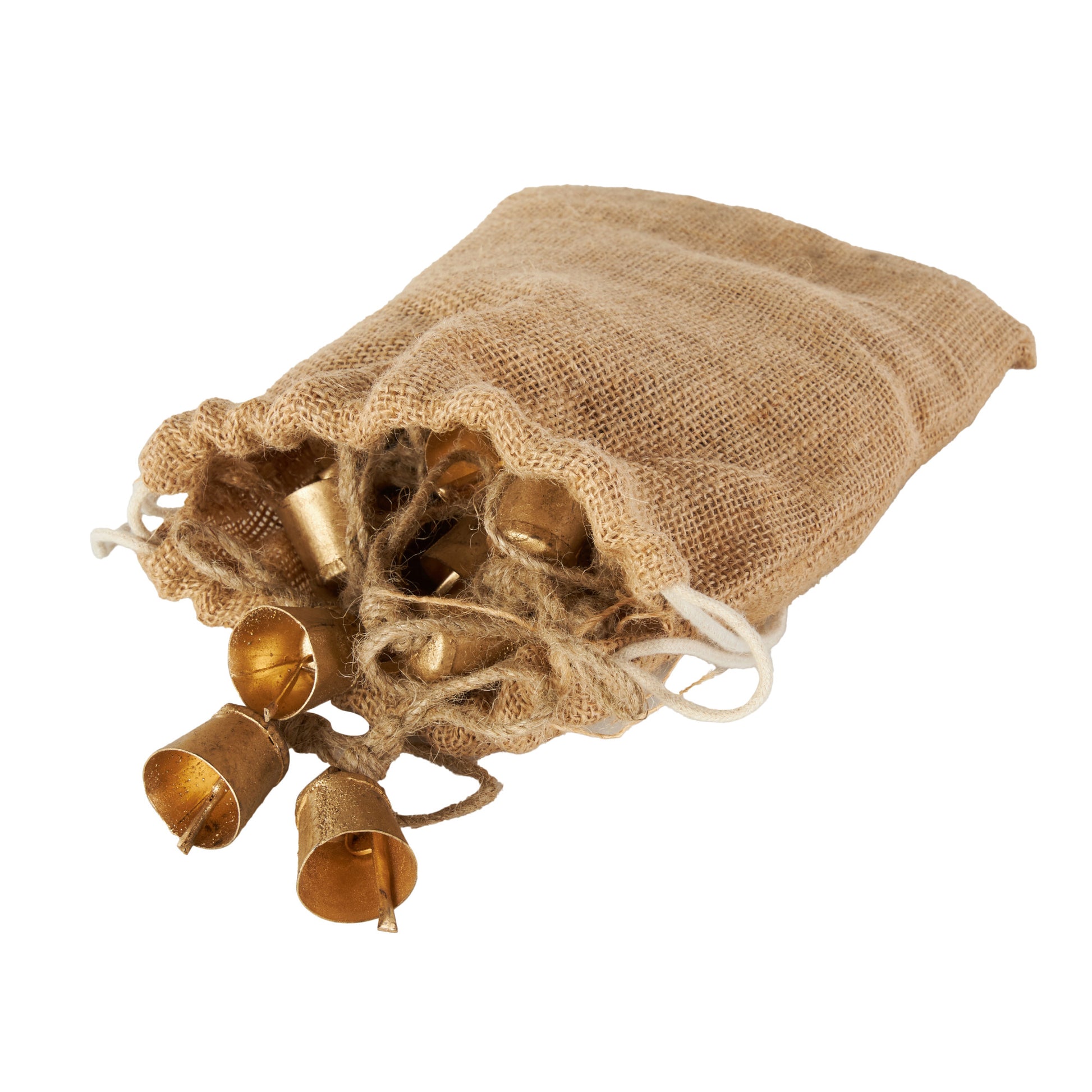 Set of 36 Bell Gold Metal Tibetan Inspired Indoor Outdoor Decorative Bells with Brown Jute Rope and Canvas Tote