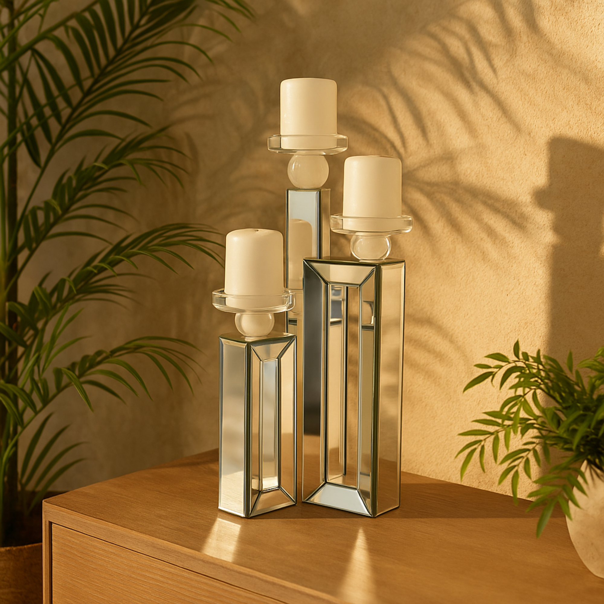 Silver Glass Pillar 3 Plate Decorative Candelabra with Mirrored Accents