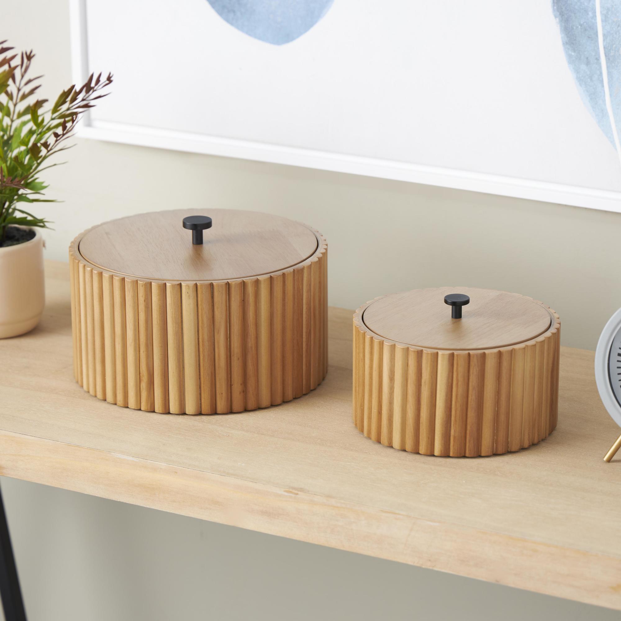 Set of 2 Brown Wooden Handmade Slatted Decorative Box with Lids
