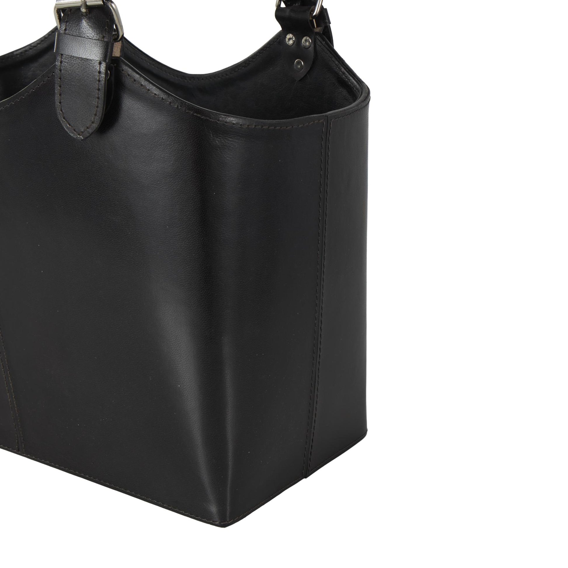 Leather Handmade Box Style Decorative Magazine Holder with Detail Stitching and Curved Buckle Handles