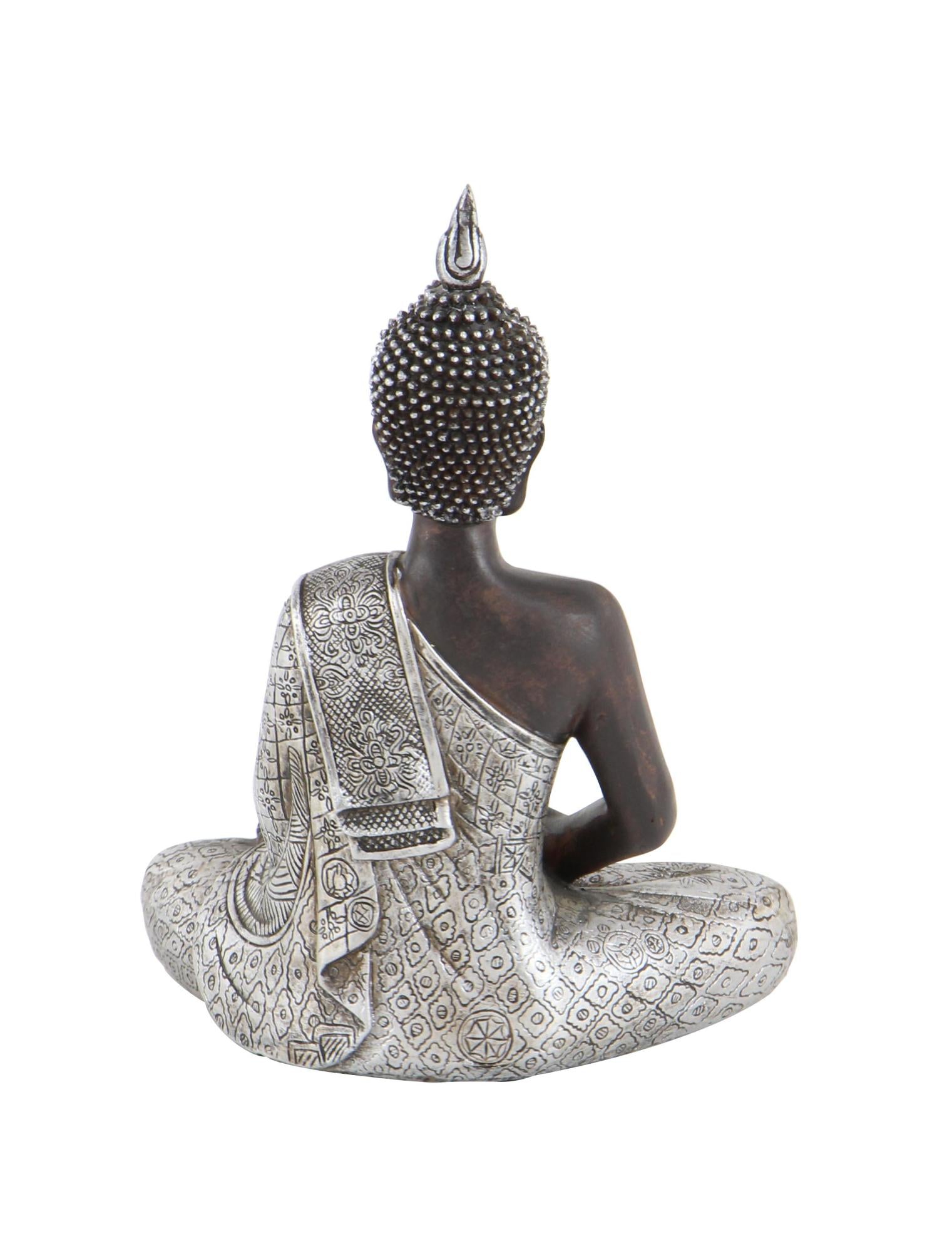 Buddha Silver Polystone Meditating Decorative Sculpture with Engraved Carvings and Relief Detailing