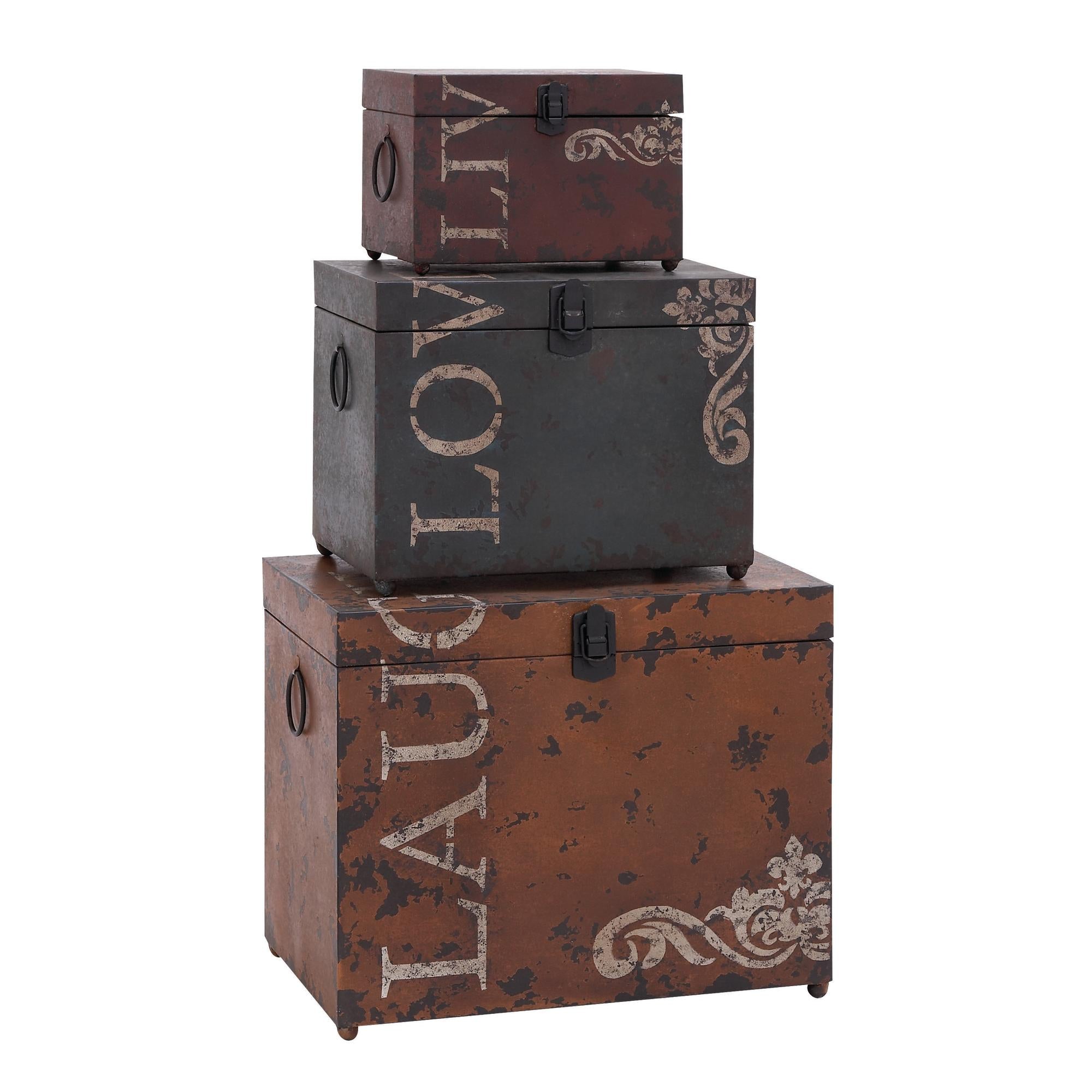 Set of 3 Scroll Brown Metal Vintage Live, Love, Laugh Storage Trunk Decorative Trunk
