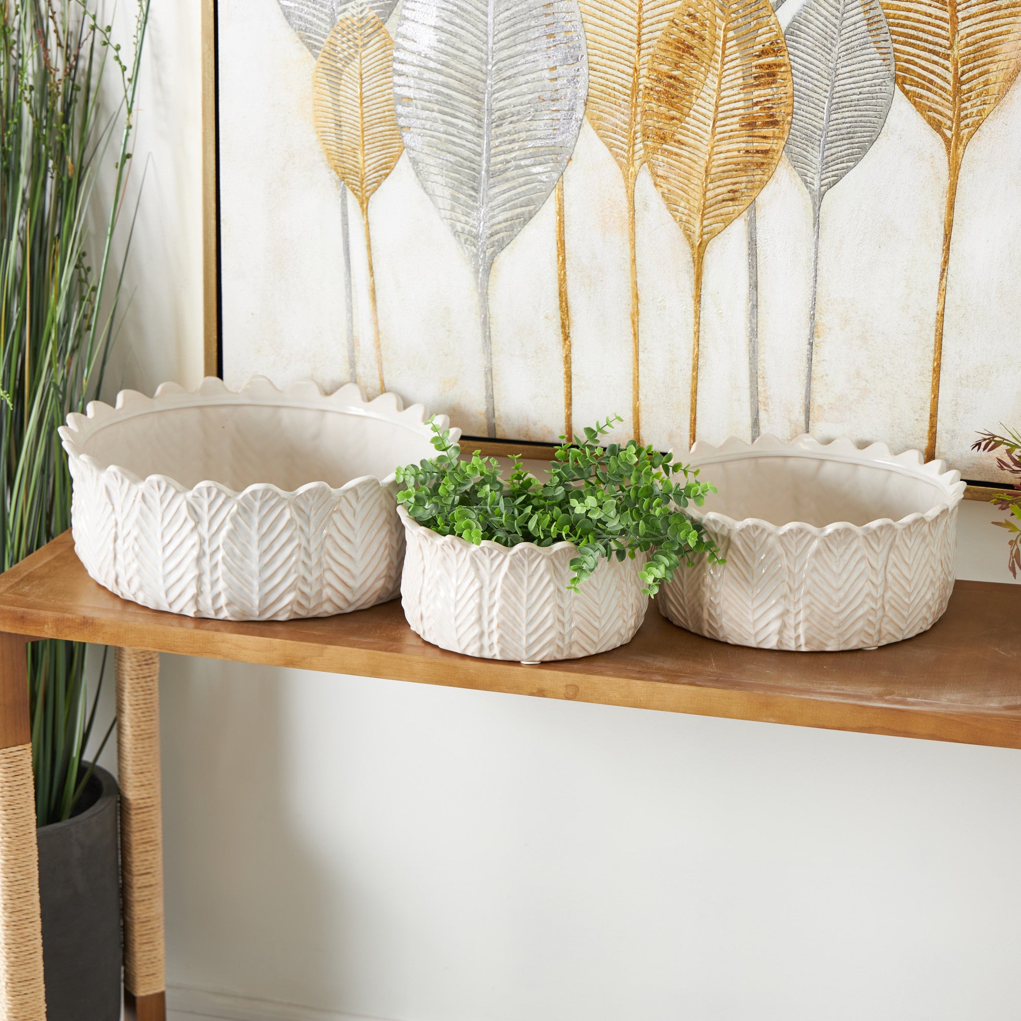 Set of 3 Leaf White Ceramic Indoor Outdoor Planter