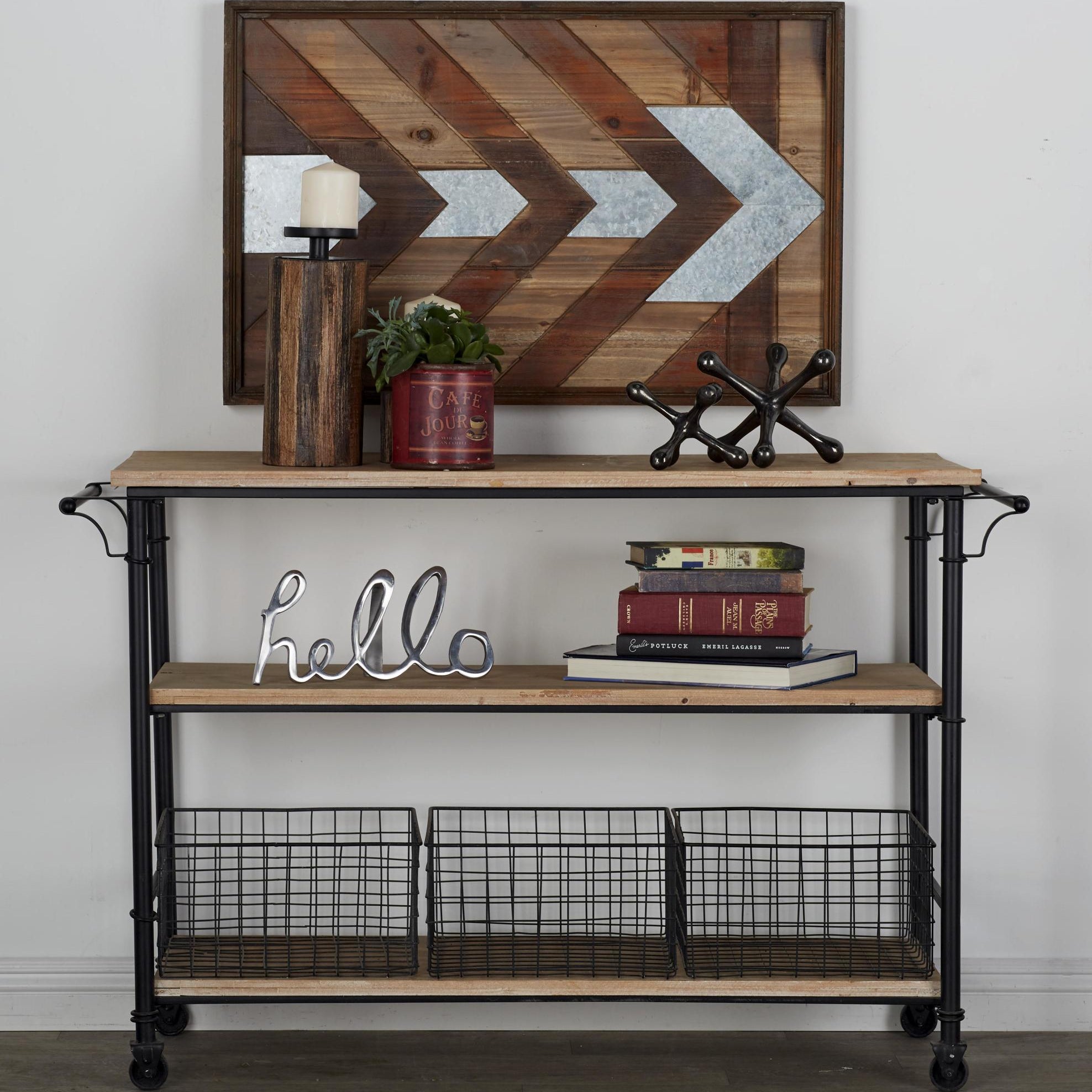 Brown Wood Rolling Cart 3 Drawer Room Storage Unit with Black Wire Baskets