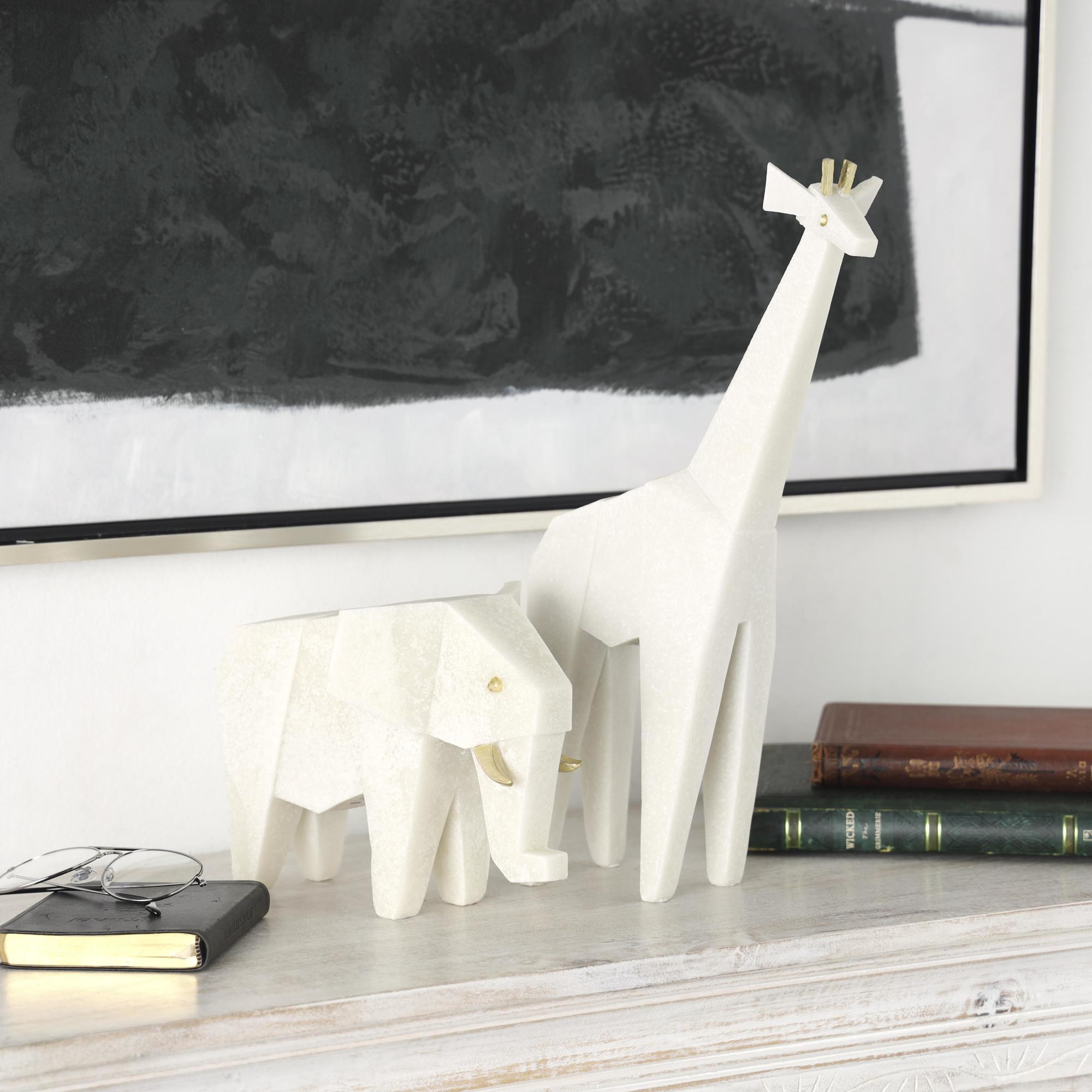 Set of 2 Elephant, Giraffe White Polystone Cubist Inspired Decorative Sculpture with Gold Accents