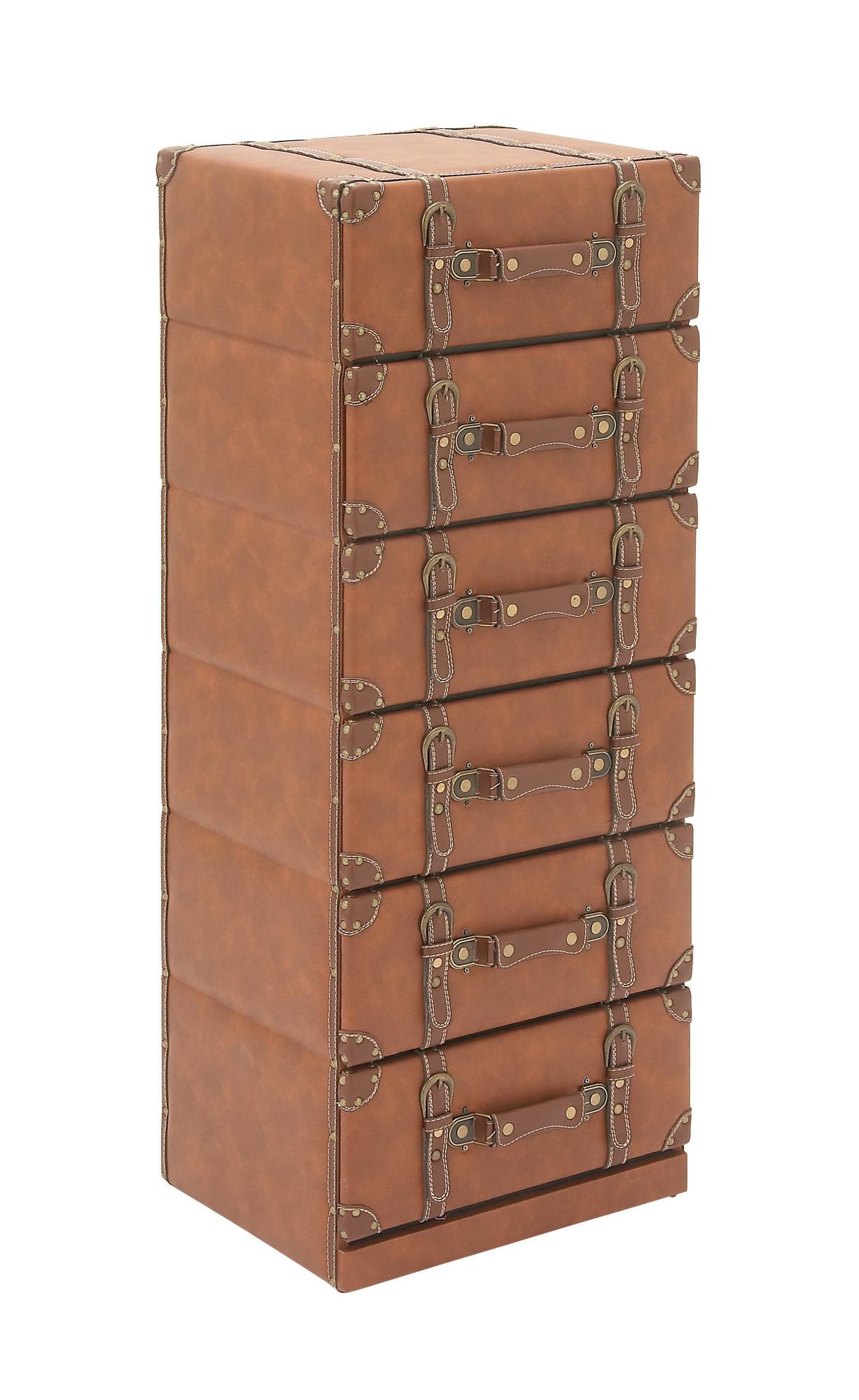 Brown Wooden Faux Leather 6 Drawer Room Chest with Buckle and Strap Detailing
