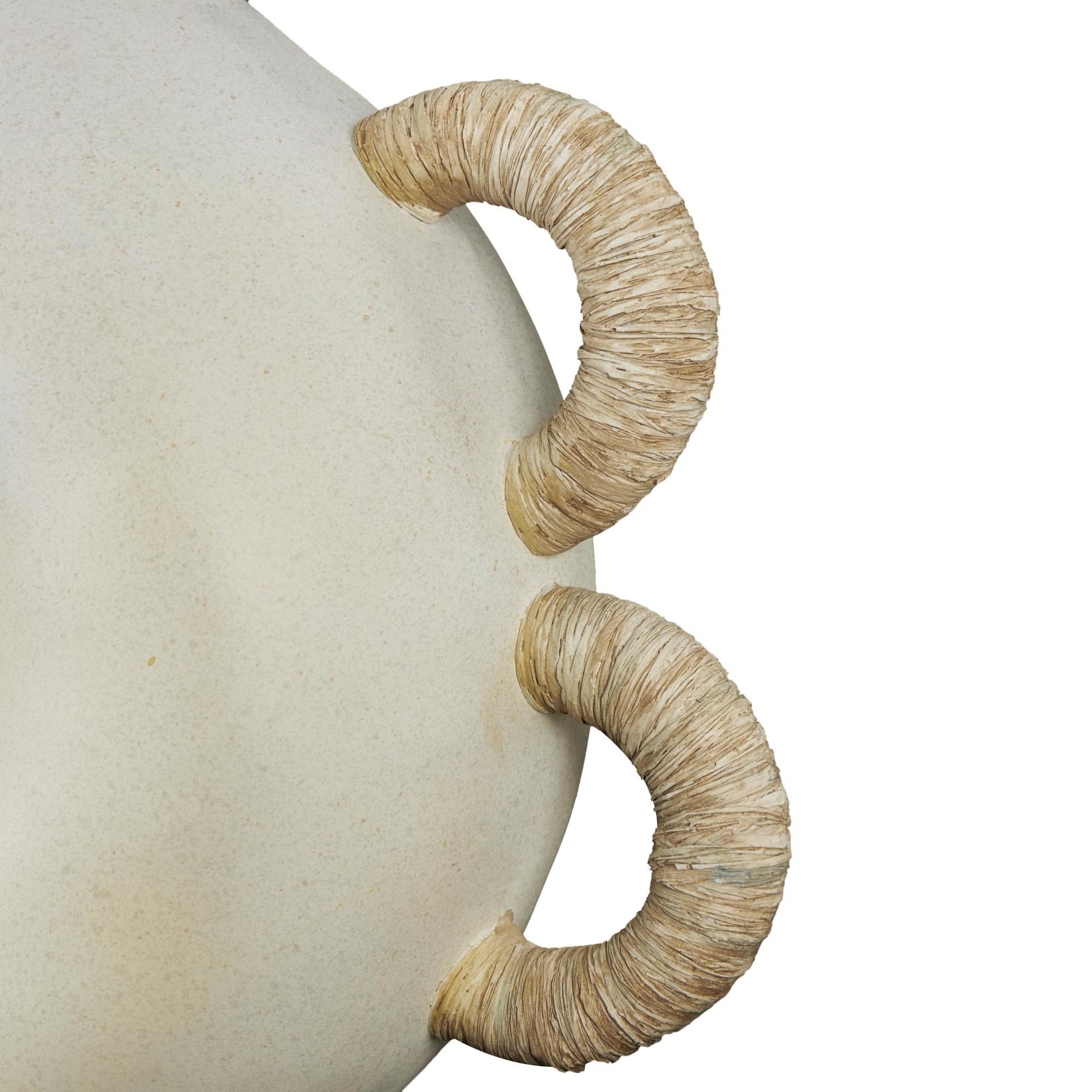 Geometric Cream Resin Round Speckled Decorative Vase with Woven Inspired Arched Handles and Cutout Opening