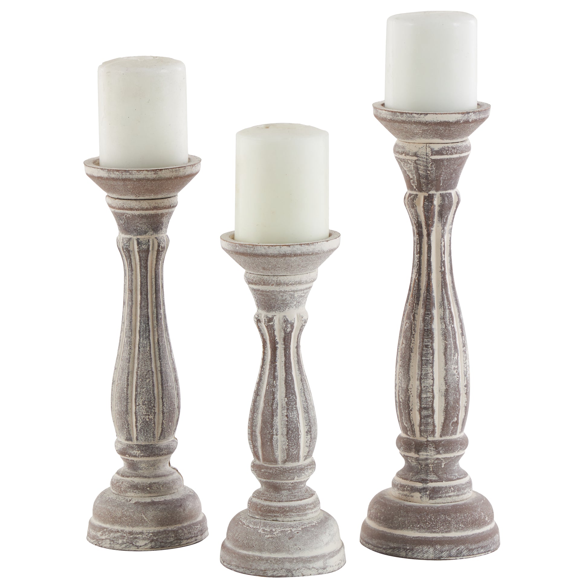 Set of 3 Wooden Distressed Turned Pillar Decorative Candle Holder
