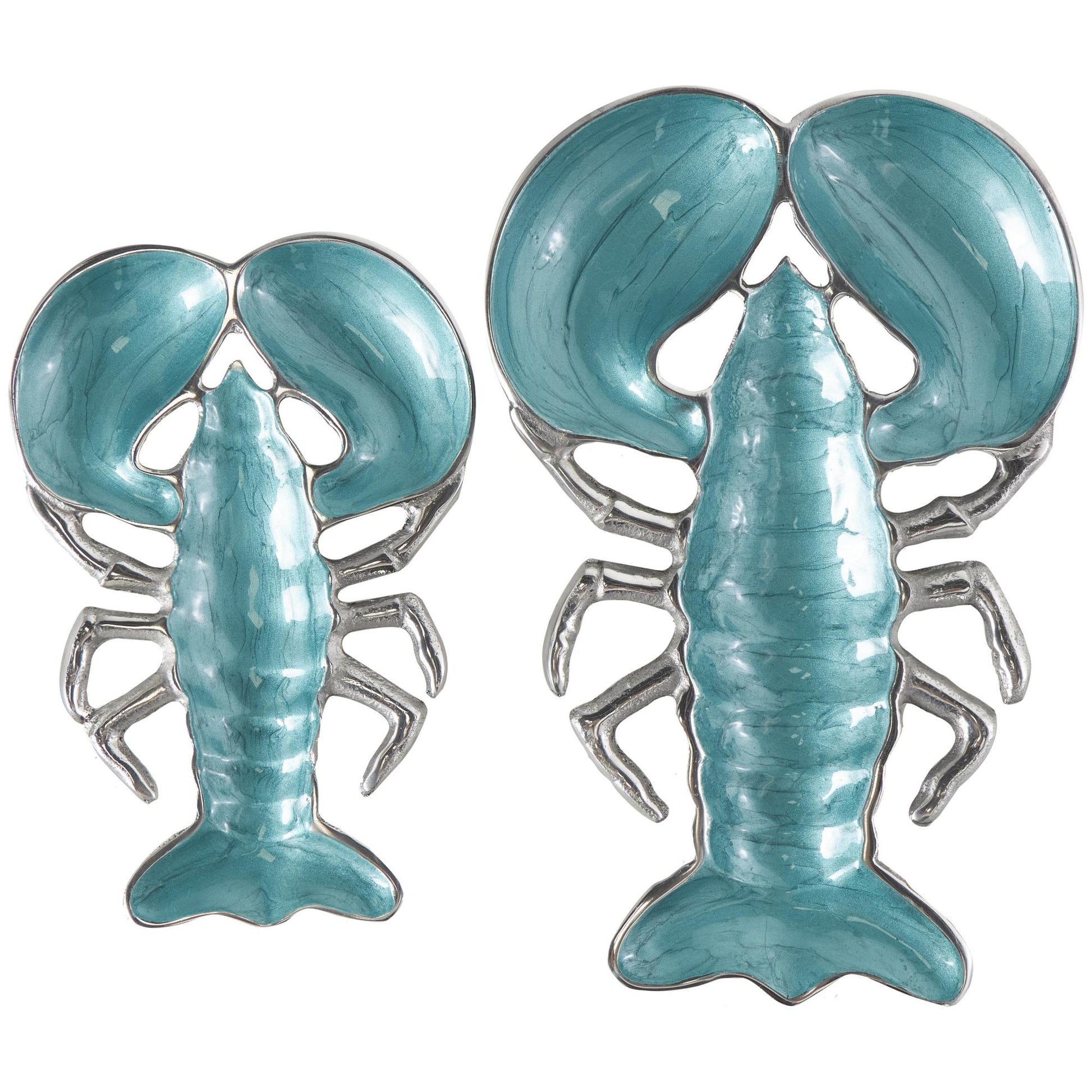 Set of 2 Lobster Aluminum Metal Enameled Living Room Decor Serving Bowl with Silver Metal Exterior Set of 2 11", 9"W