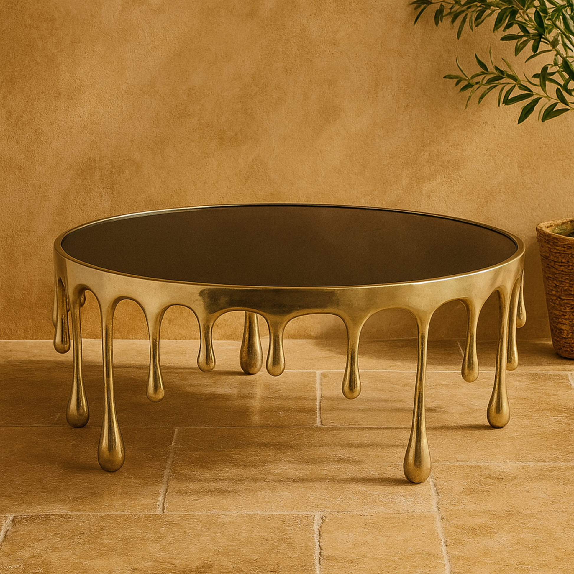 Abstract Aluminum Metal Drip Living Room Coffee Table with Melting Designed Legs and Shaded Glass Top 36" x 36" x 16"