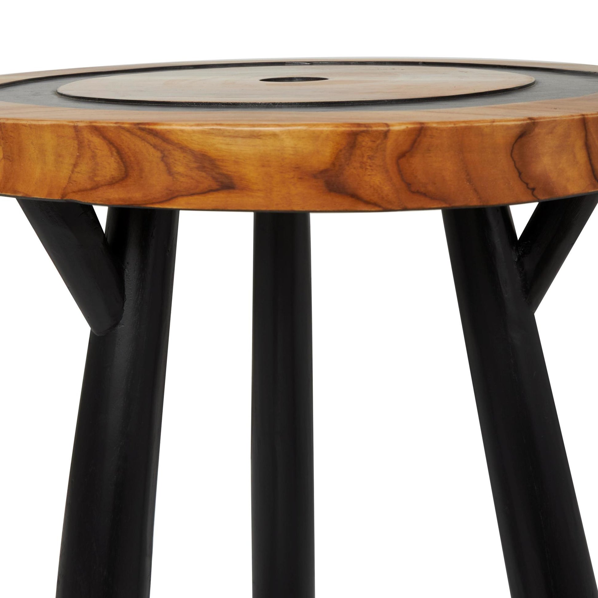 Geometric Brown Teak Wood Layered Circle Side End Accent Table with Black Legs