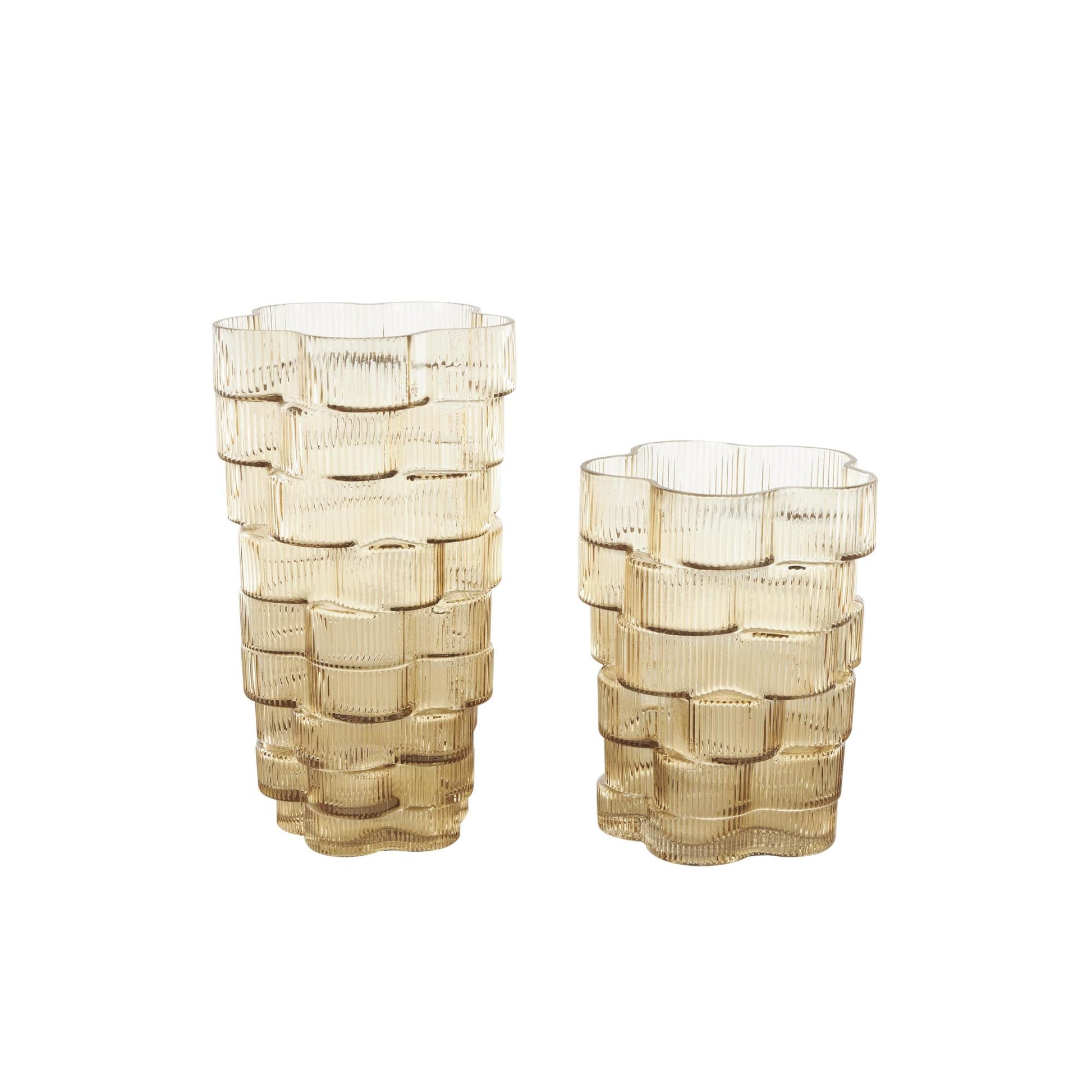Set of 2 Floral Glass Ribbed Stacked Decorative Vase