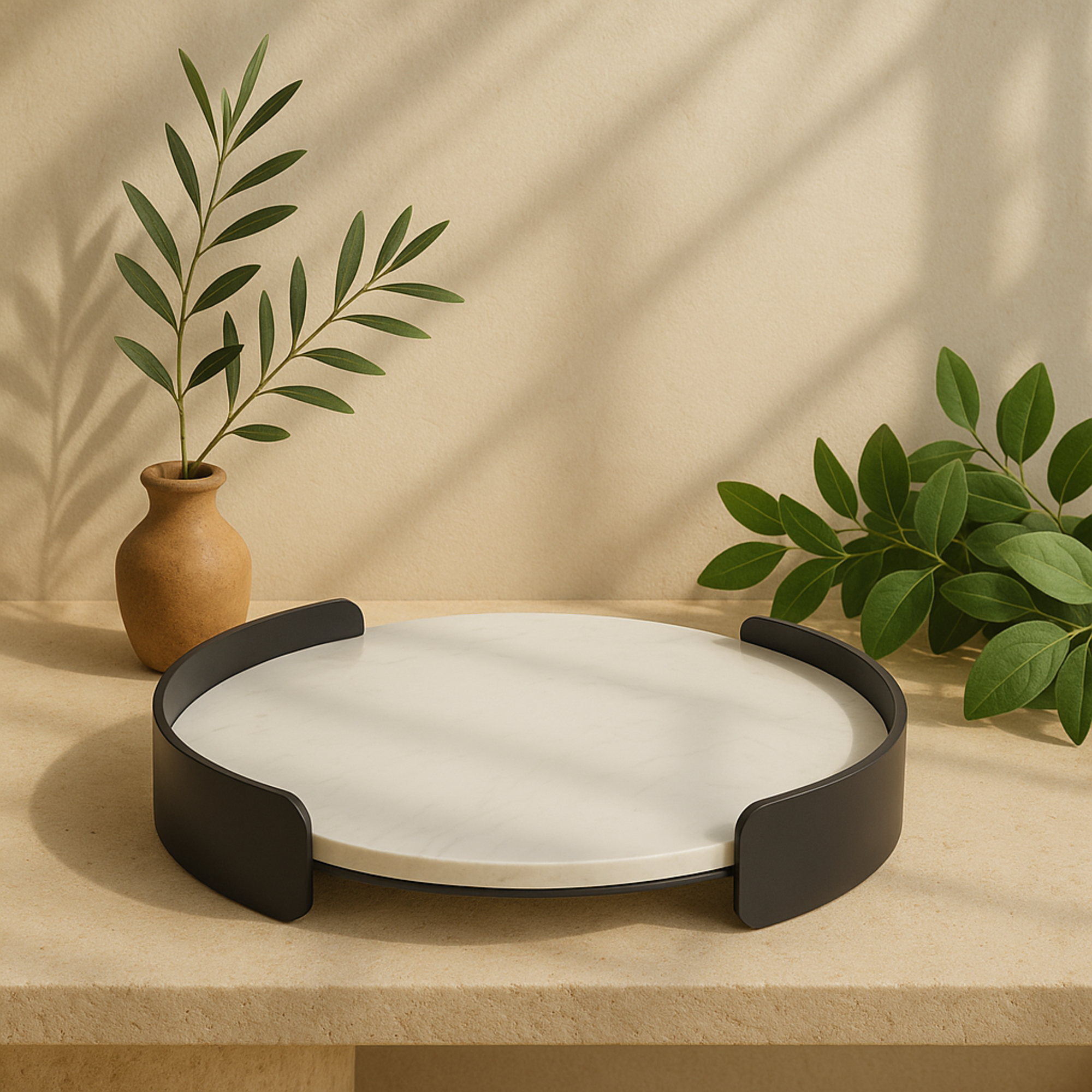 White Marble Round Living Room Decor Tray with Black Metal Frame