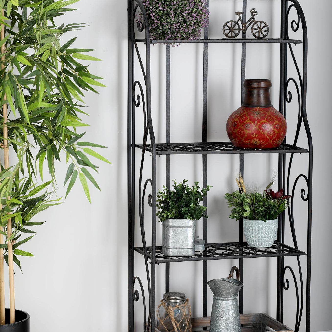 Scroll Black Metal Indoor Outdoor Tall Folding 4 Shelf Decorative Bakers Rack