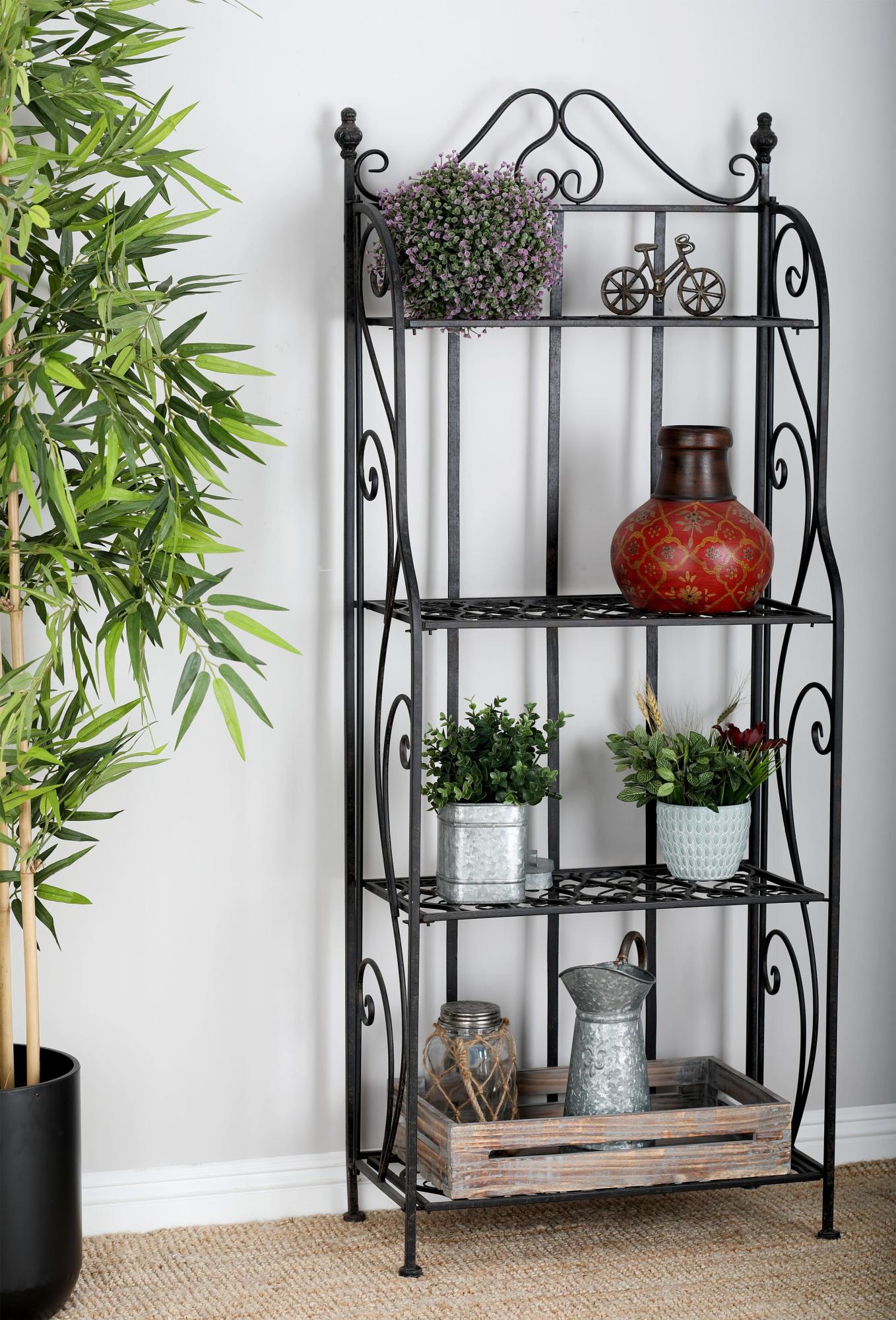 Scroll Black Metal Indoor Outdoor Tall Folding 4 Shelf Decorative Bakers Rack