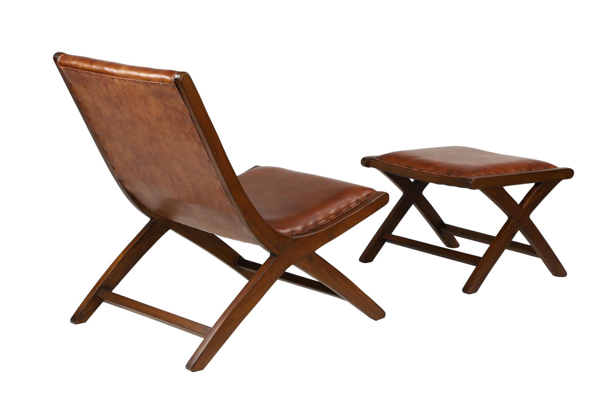 Teak Wood Handmade Upholstered Leather Accent Chair with Ottoman