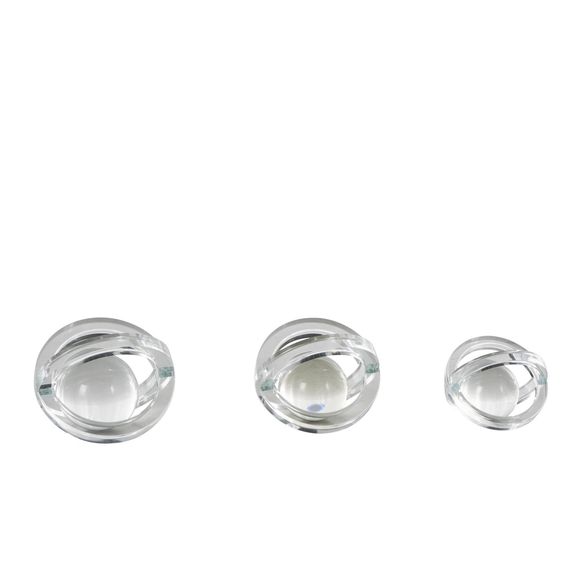 Set of 3 Geometric Clear Glass Orb Decorative Sculpture with Overlapping Rings and Ball Center