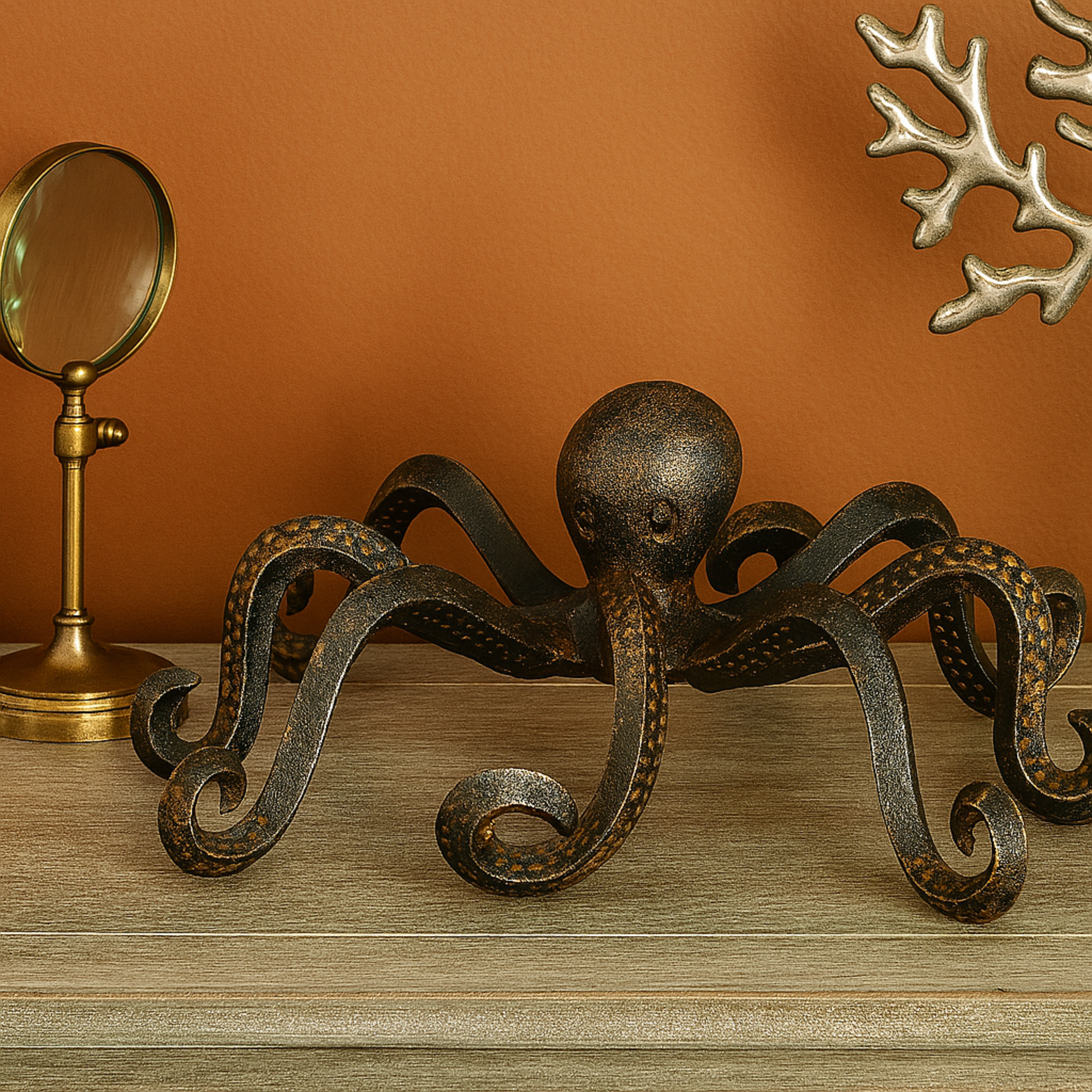 Octopus Black Metal Decorative Sculpture with Long Tentacles and Suctions Detailing
