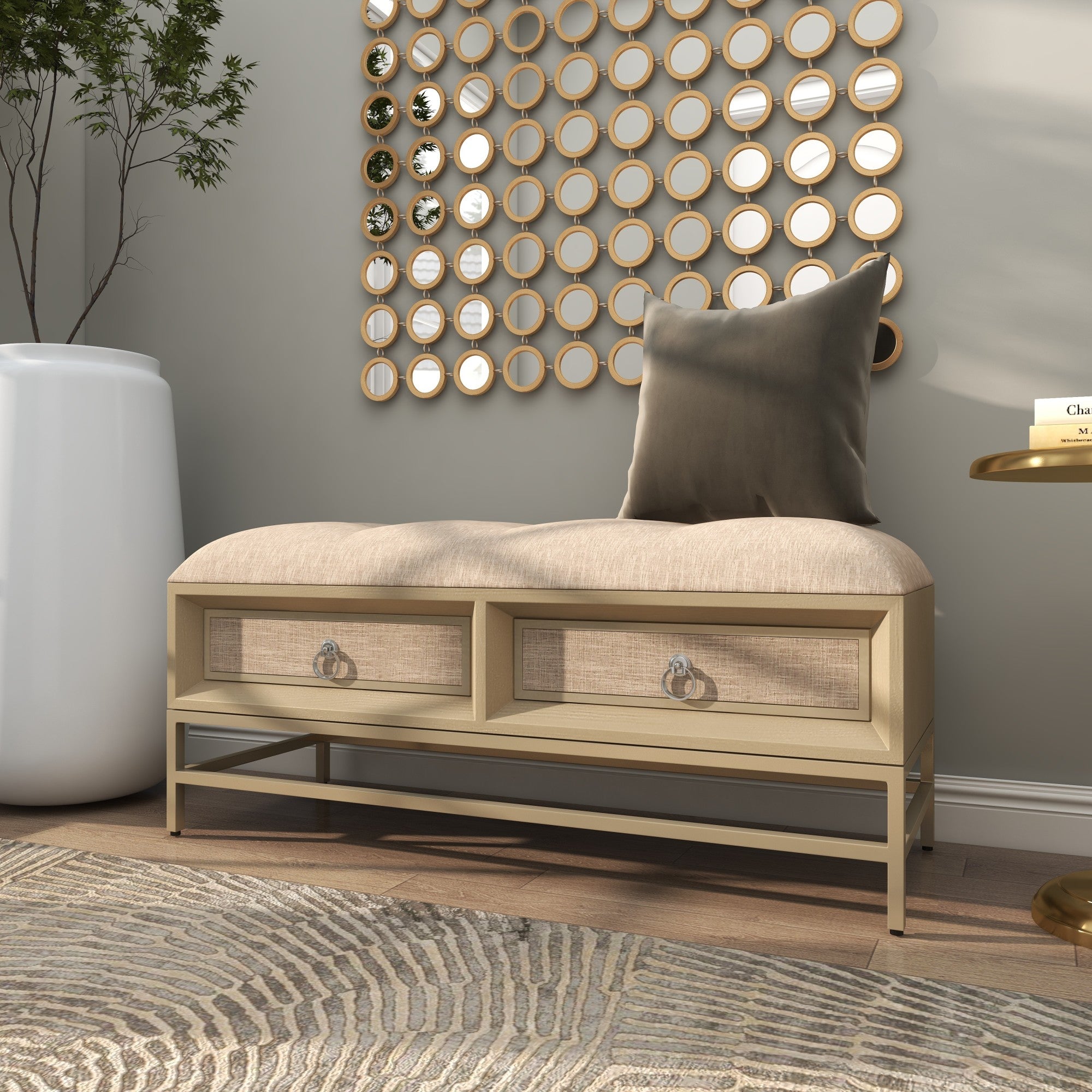 Beige Linen Fabric Upholstered 2 Drawer Room Storage Bench with Tufted Seat and Ring Handles