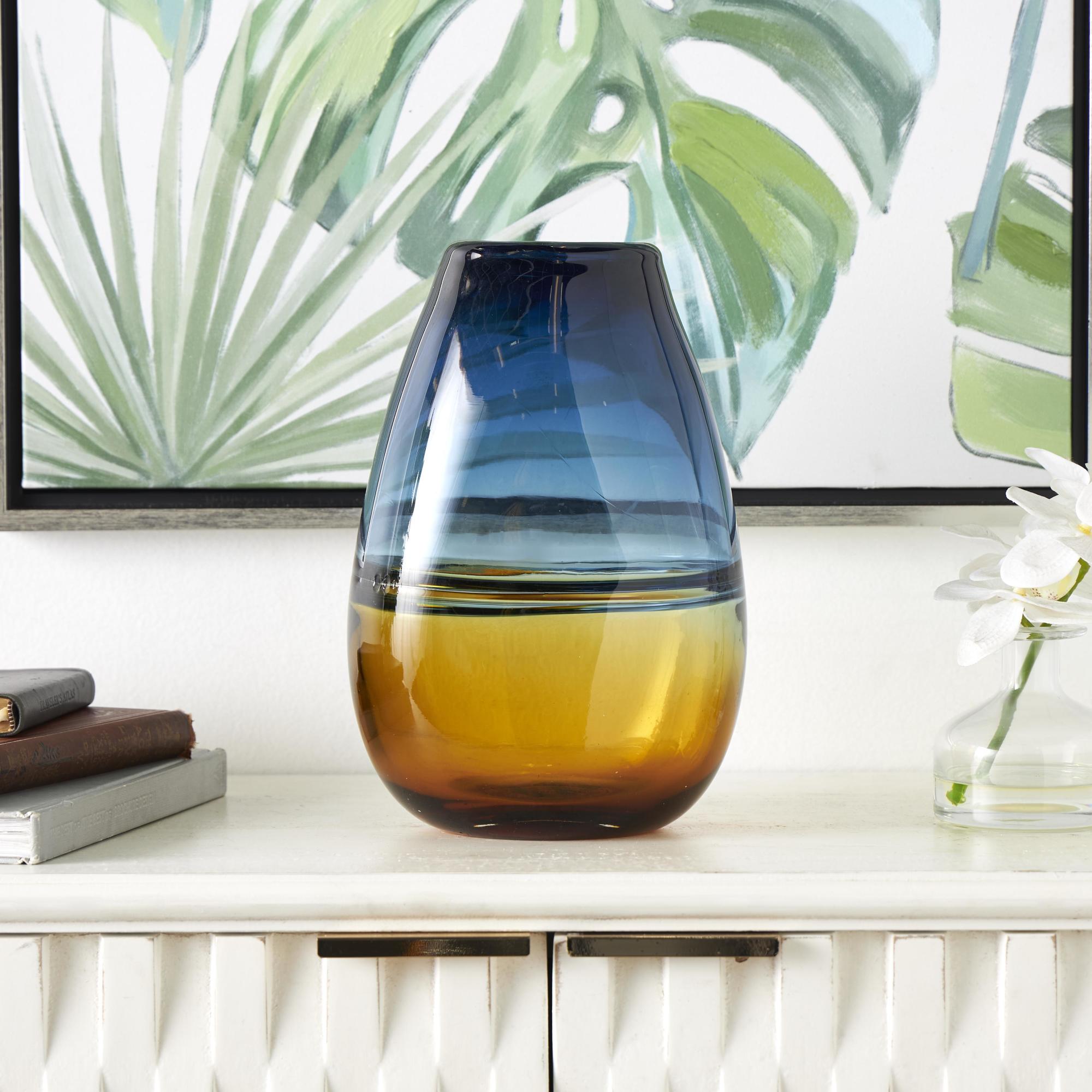 Blue Glass Handmade Ombre Decorative Vase with Yellow Base