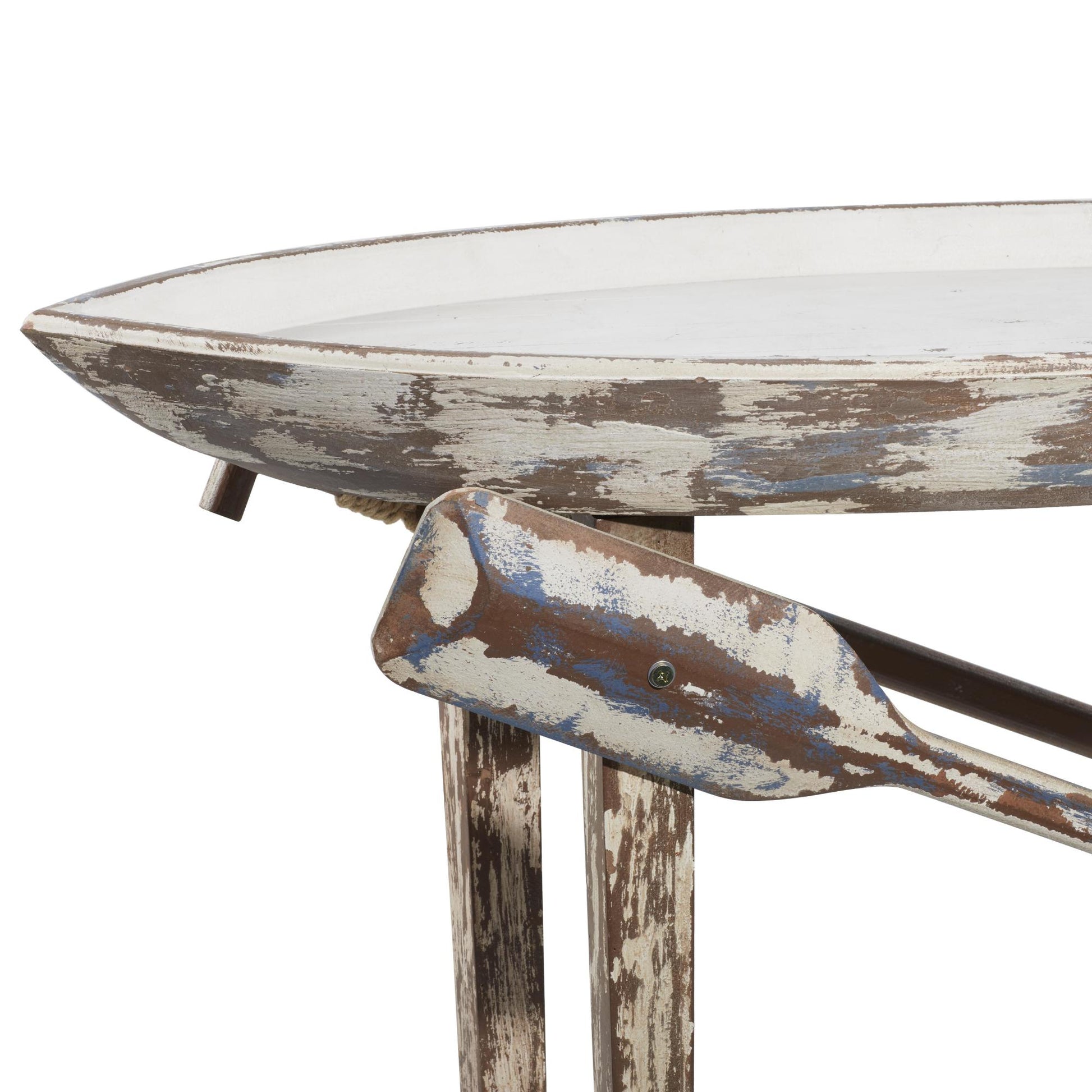 Boat White Wood Distressed Tray Top Side End Accent Table with Oar Detailed Legs