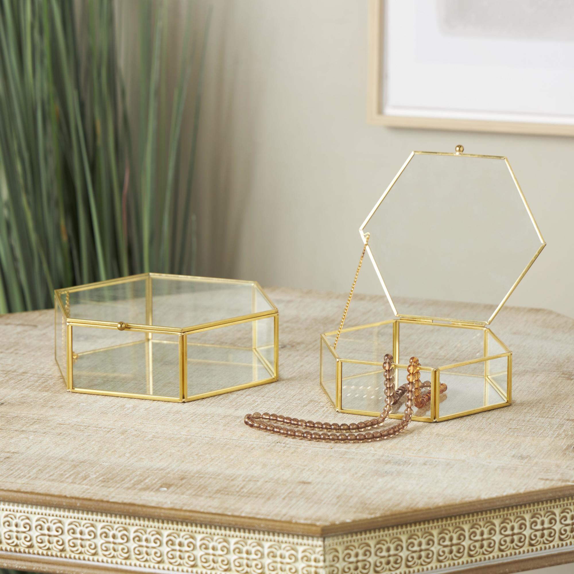 Set of 2 Geometric Clear Glass Hexagon Decorative Jewelry Box with Gold Metal Frame and Chain Accent