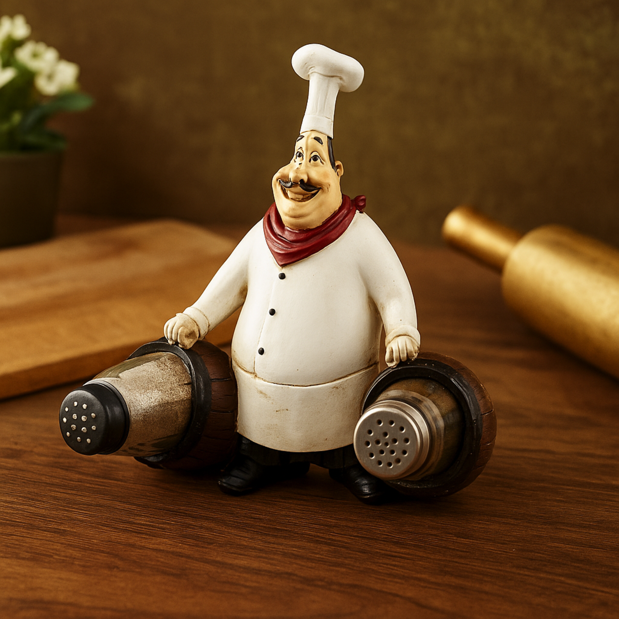 Chef White Polystone Figurine Decorative Salt and Pepper Shaker Holder with Wood Barrel Accents