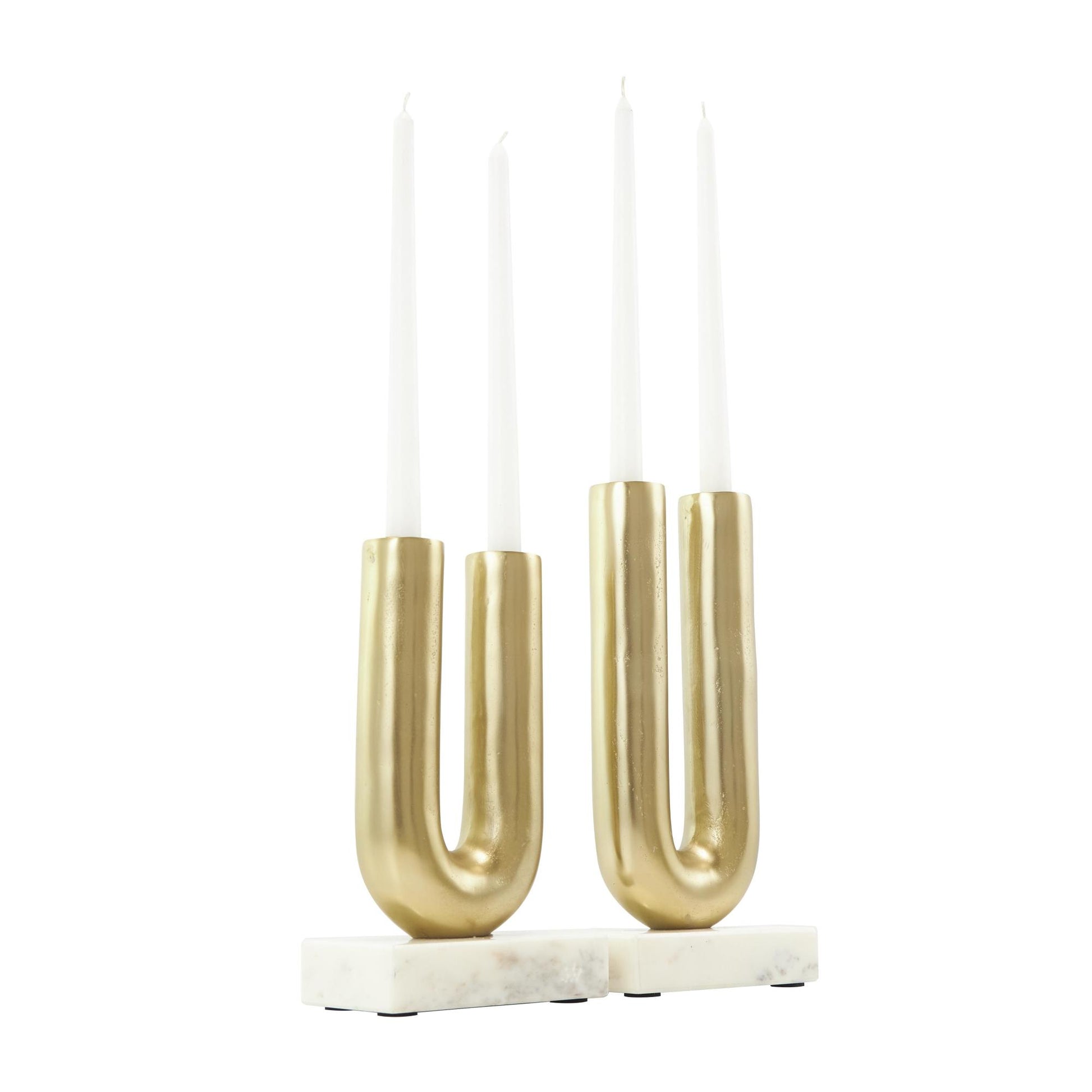 Set of 2 Geometric Aluminum Metal U-Shaped Decorative Candle Holder with Marble Bases