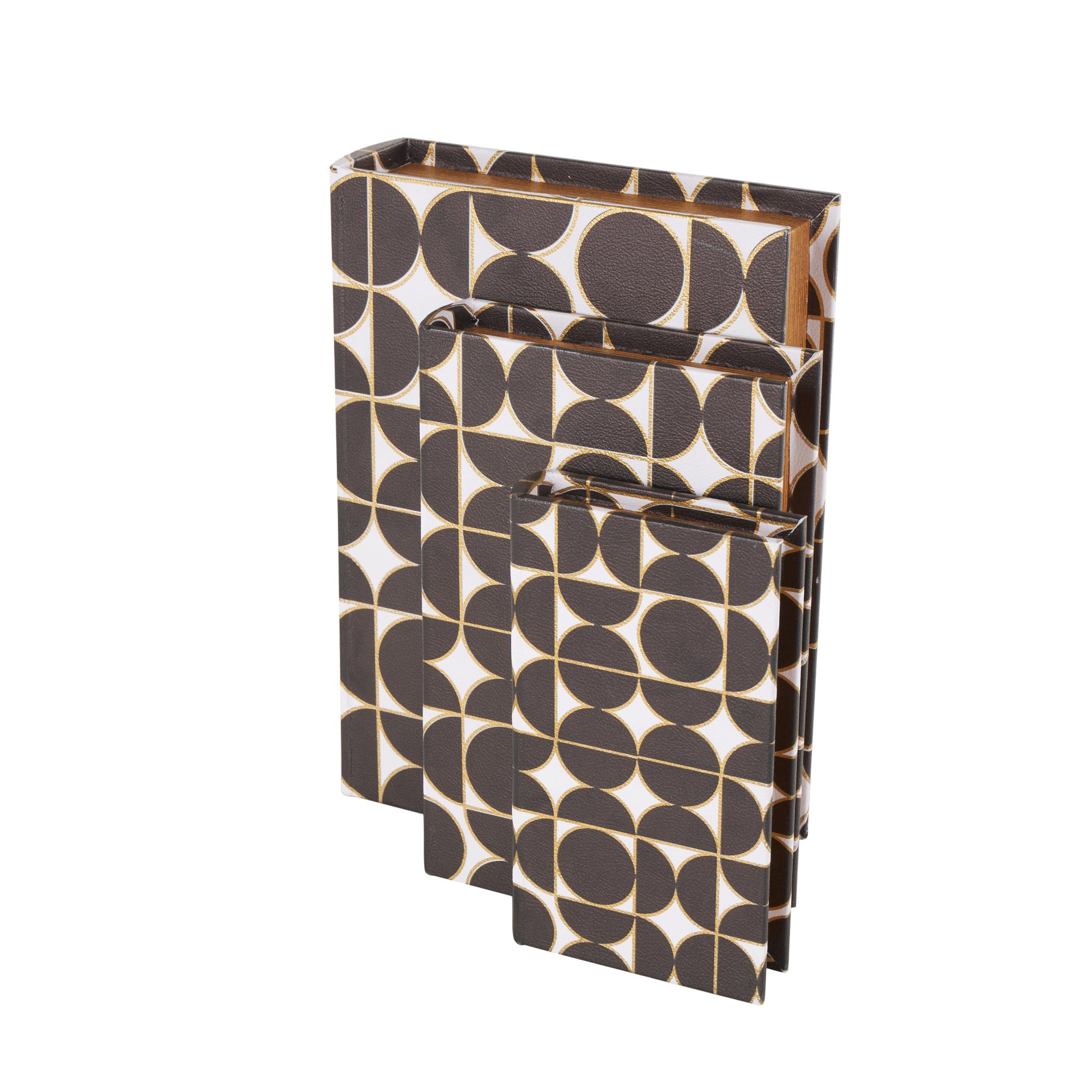 Set of 3 Black Faux Leather Faux Book Storage Decorative Box with Circle and Semi-Circle Pattern