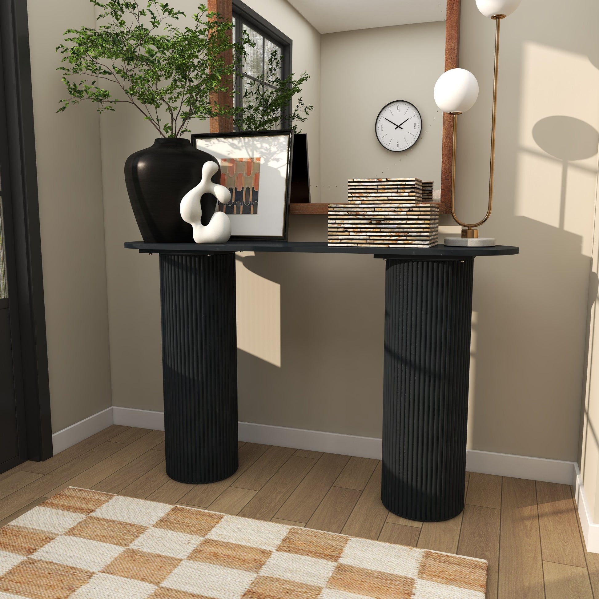 Geometric Black Wooden Oval Living Room Console Table with Ribbed Pillar Legs