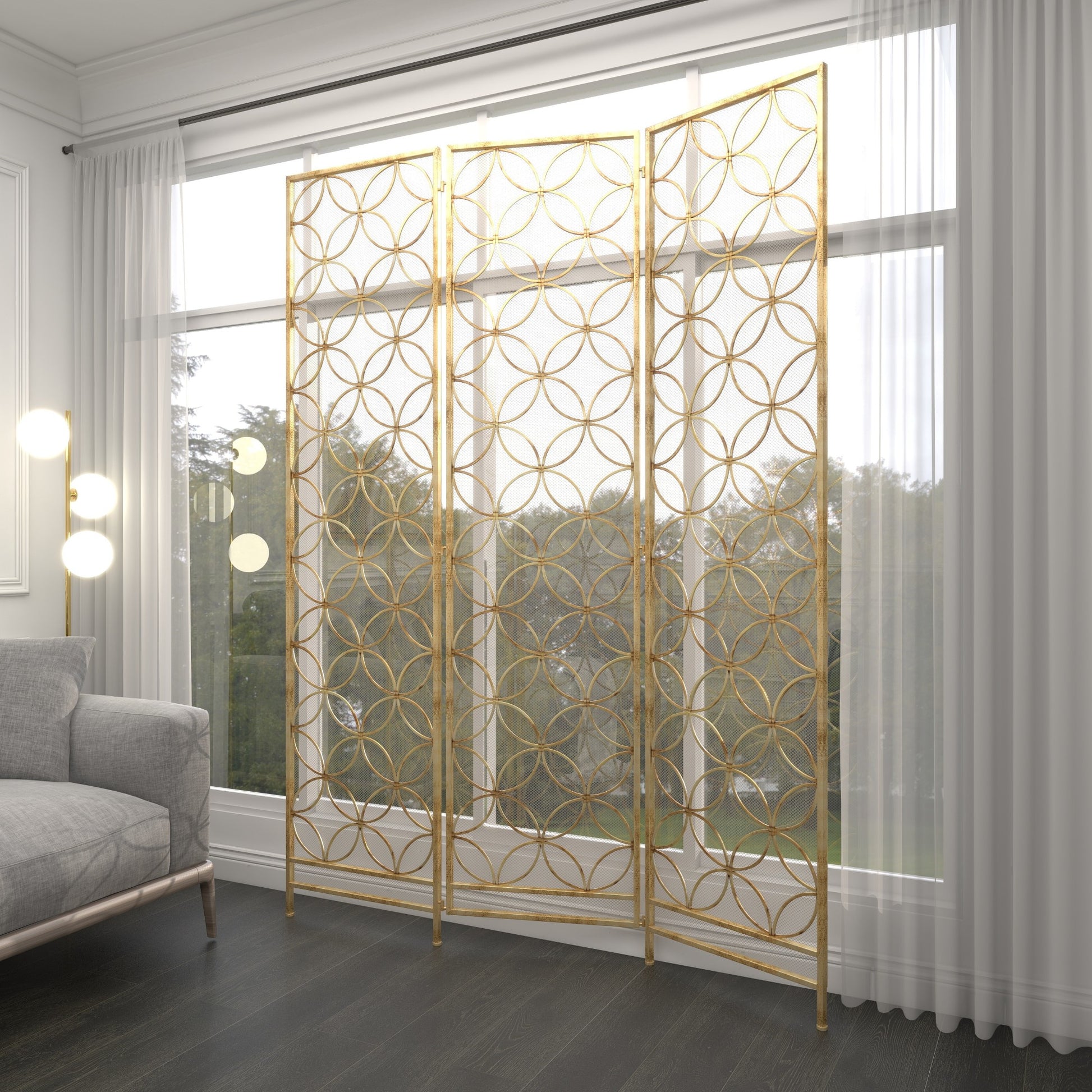 Geometric Brass Metal Hinged Foldable Partition 3 Panel Partition Room Divider Screen