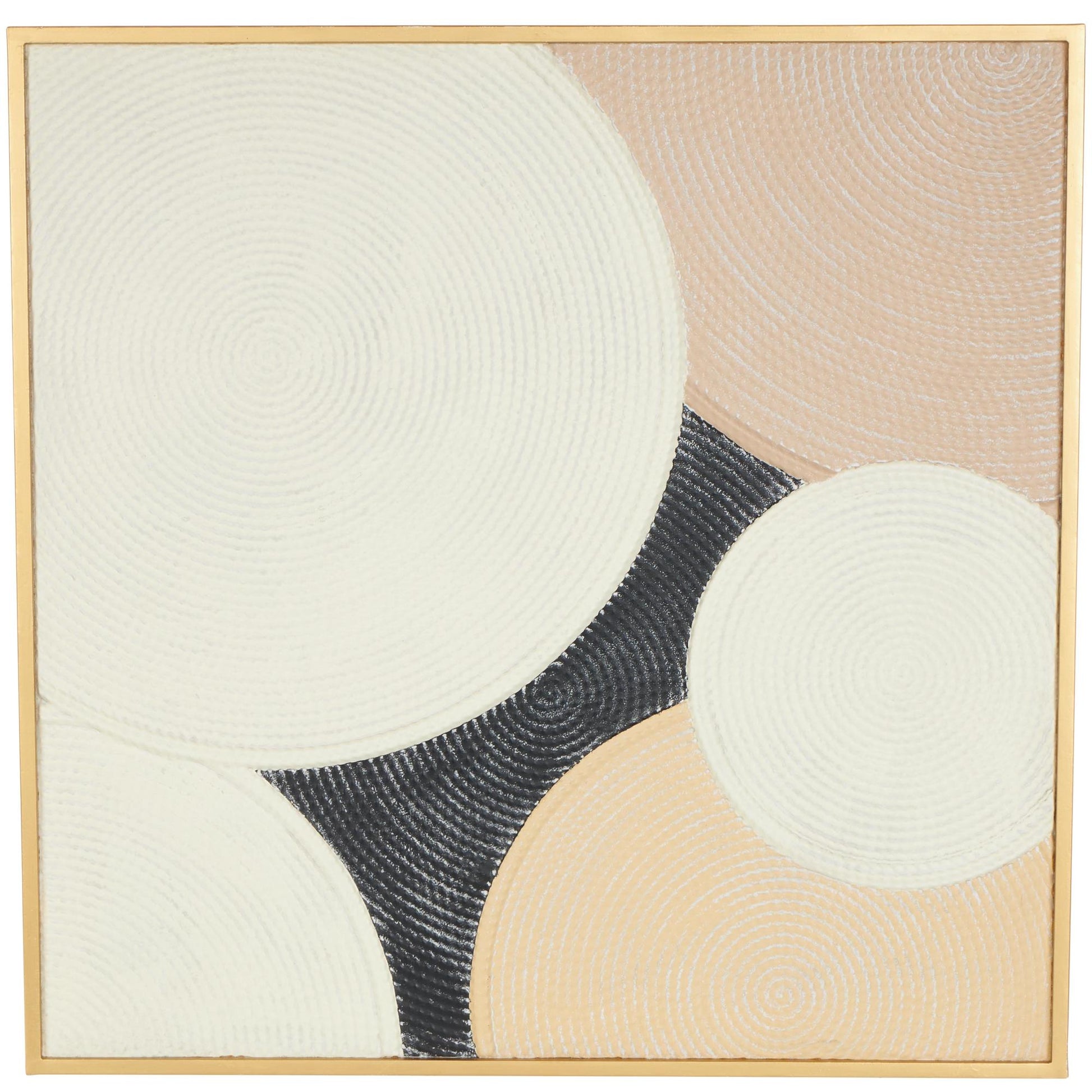 Geometric Cream Metal Textured Living Room Framed Wall Art with Overlapping Circles and Gold Frame