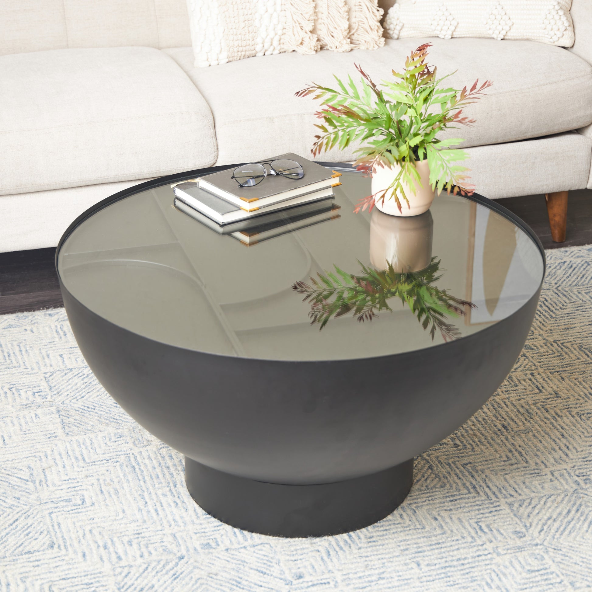 Geometric Black Metal Accent Table with Glass Tabletop and Elevated Base