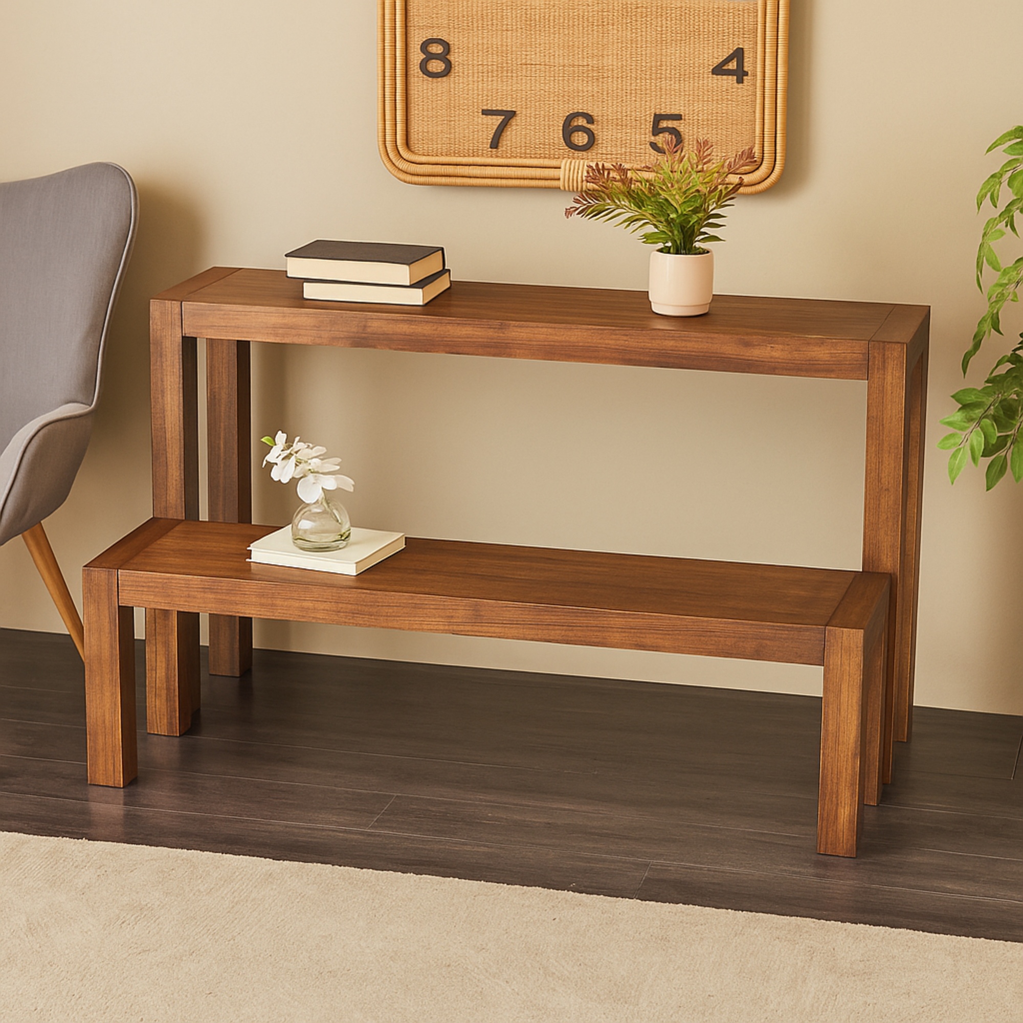 Set of 2 Brown Wood Rectangular Living Room Console Table with Bench