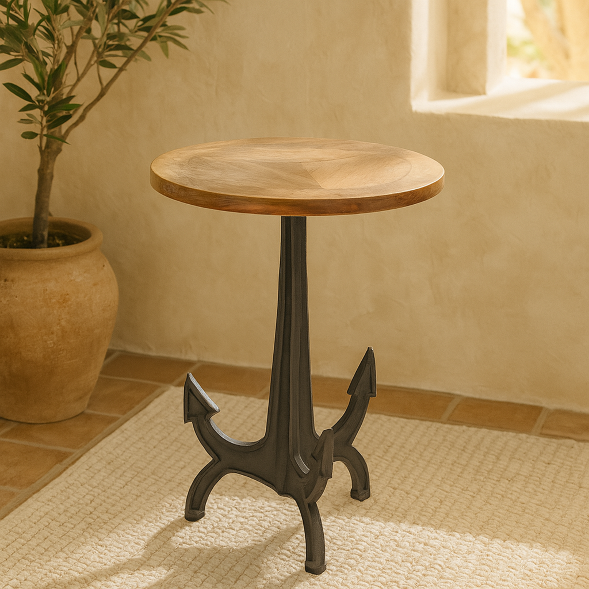 Anchor Black Metal Side End Accent Table with Brown Wood Top