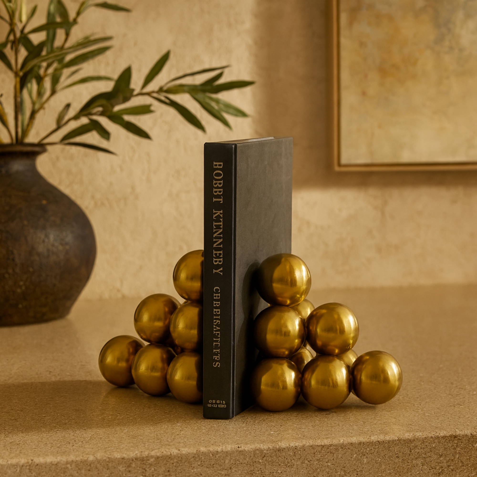 Set of 2 Geometric Gold Stainless Steel Metal Stacked Orb Decorative Bookends