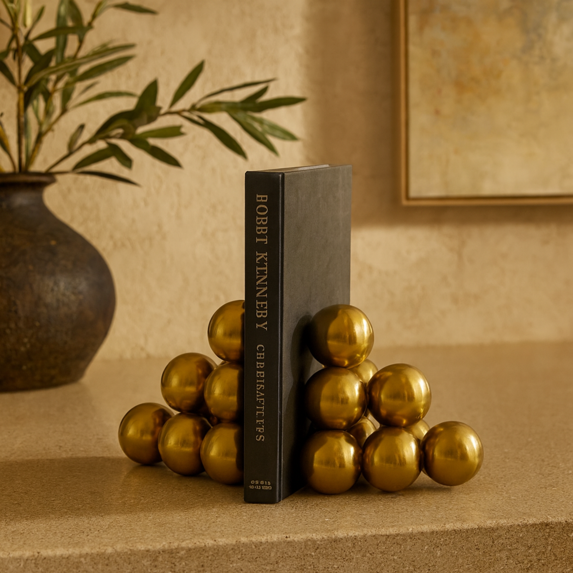 Set of 2 Geometric Gold Stainless Steel Metal Stacked Orb Decorative Bookends