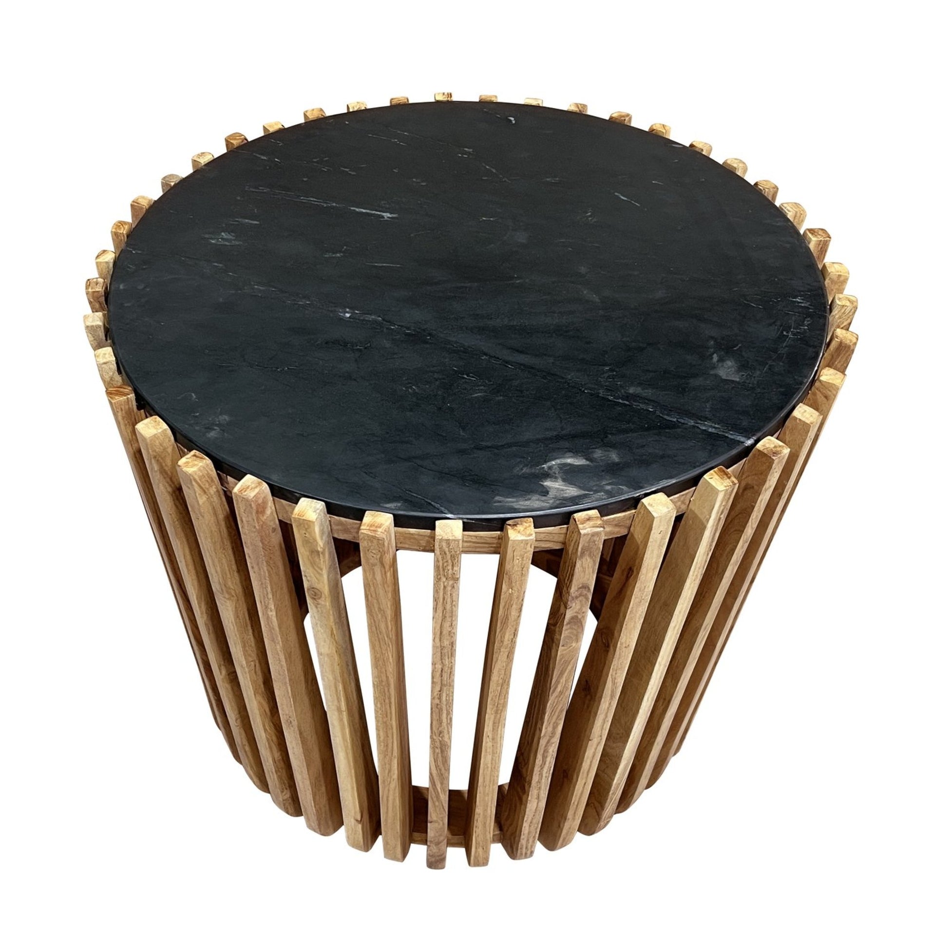 Brown Wood Slatted Open Framed Drum Side End Accent Table with Black Marble Tabletop