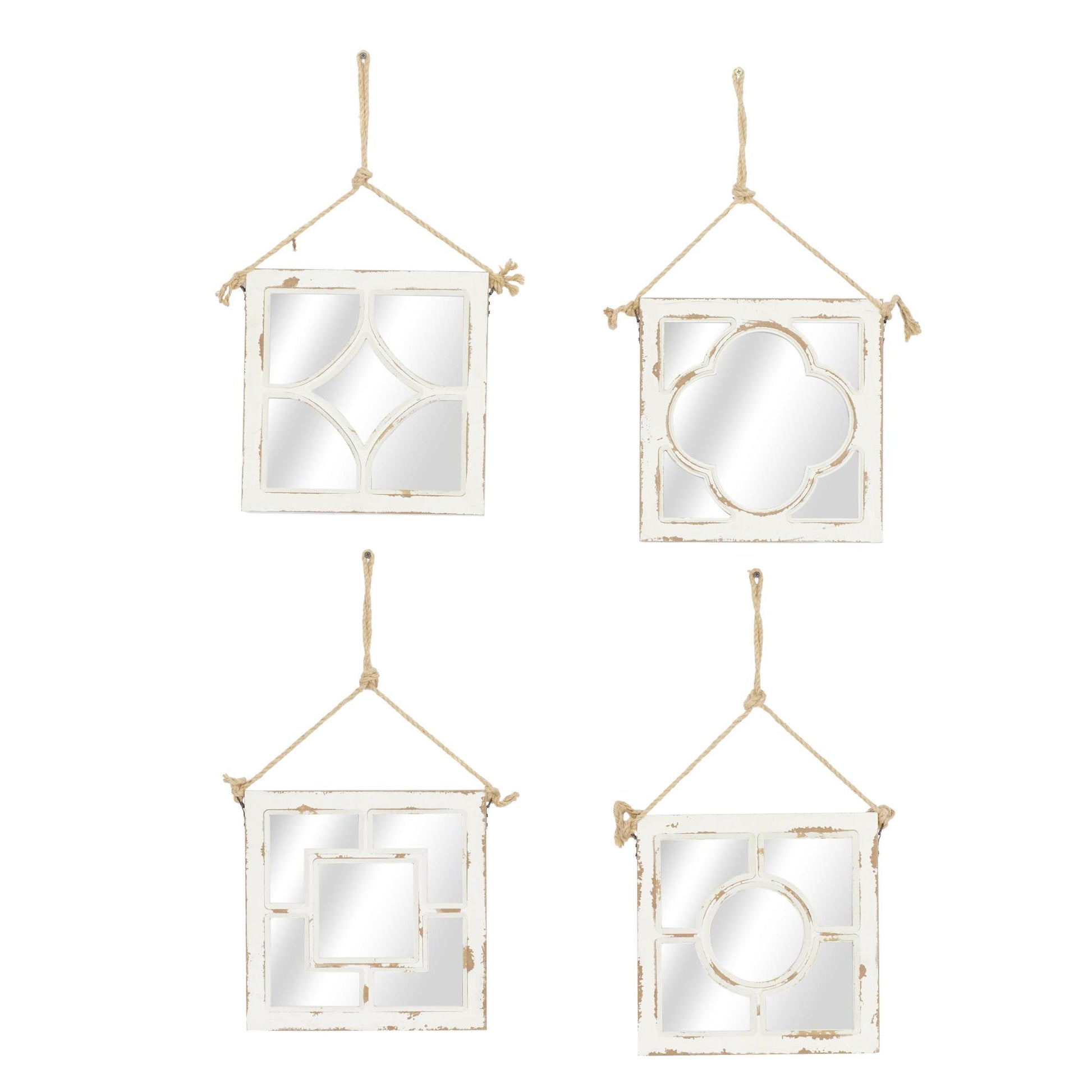 Set of 4 Geometric White Wood Distressed Small Square Room Wall Mirror with Jute Hanging Rope