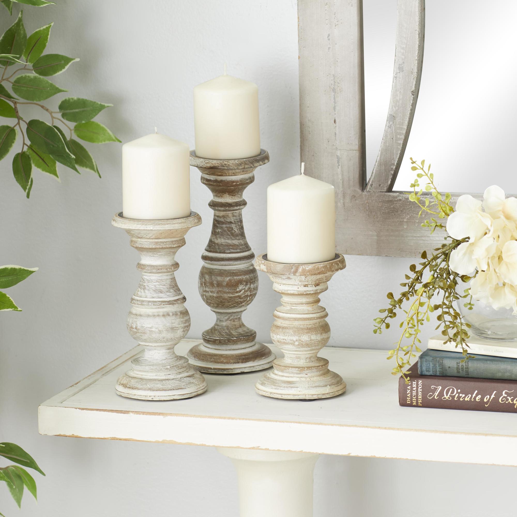 Set of 3 Mango Wood Distressed Turned Pillar Decorative Candle Holder