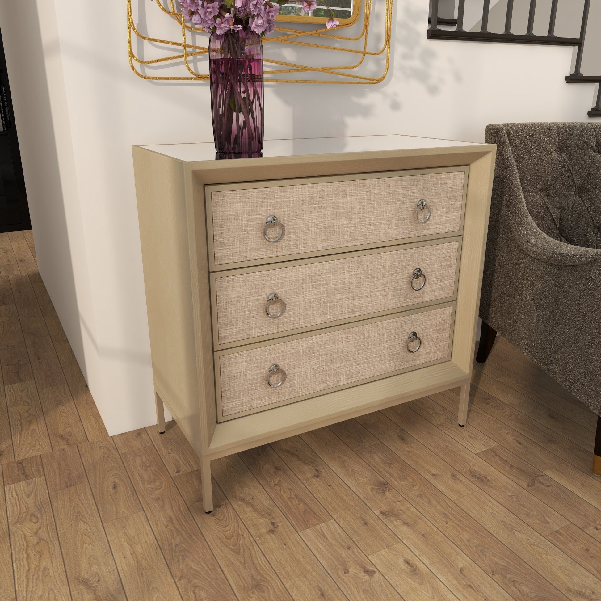 Beige Wooden Upholstered Front Panel 3 Drawer Room Chest with Mirrored Top and Ring Handles